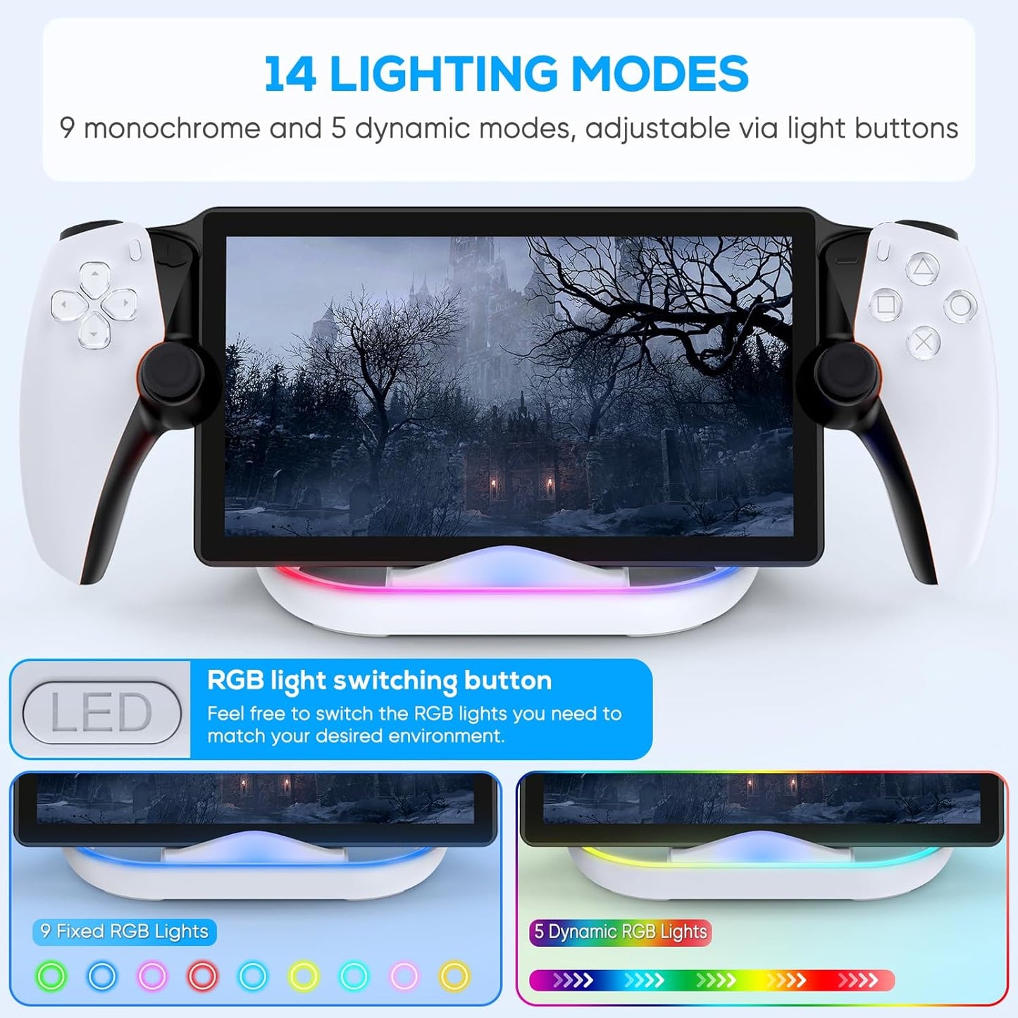 Charging Stand for PS Portal Remote Player, Portable Charge Dock Station with 14 RGB Light Modes and Type-C Cable, Charge Base Holder Accessories for Playstation 5 Portal Console (White)