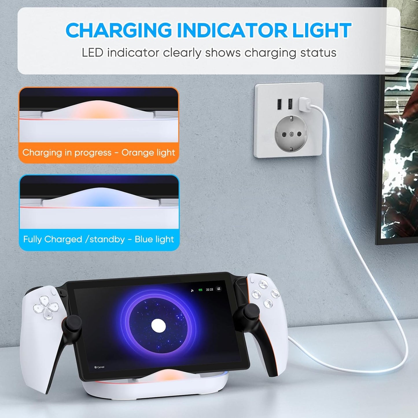 Charging Stand for PS Portal Remote Player, Portable Charge Dock Station with 14 RGB Light Modes and Type-C Cable, Charge Base Holder Accessories for Playstation 5 Portal Console (White)