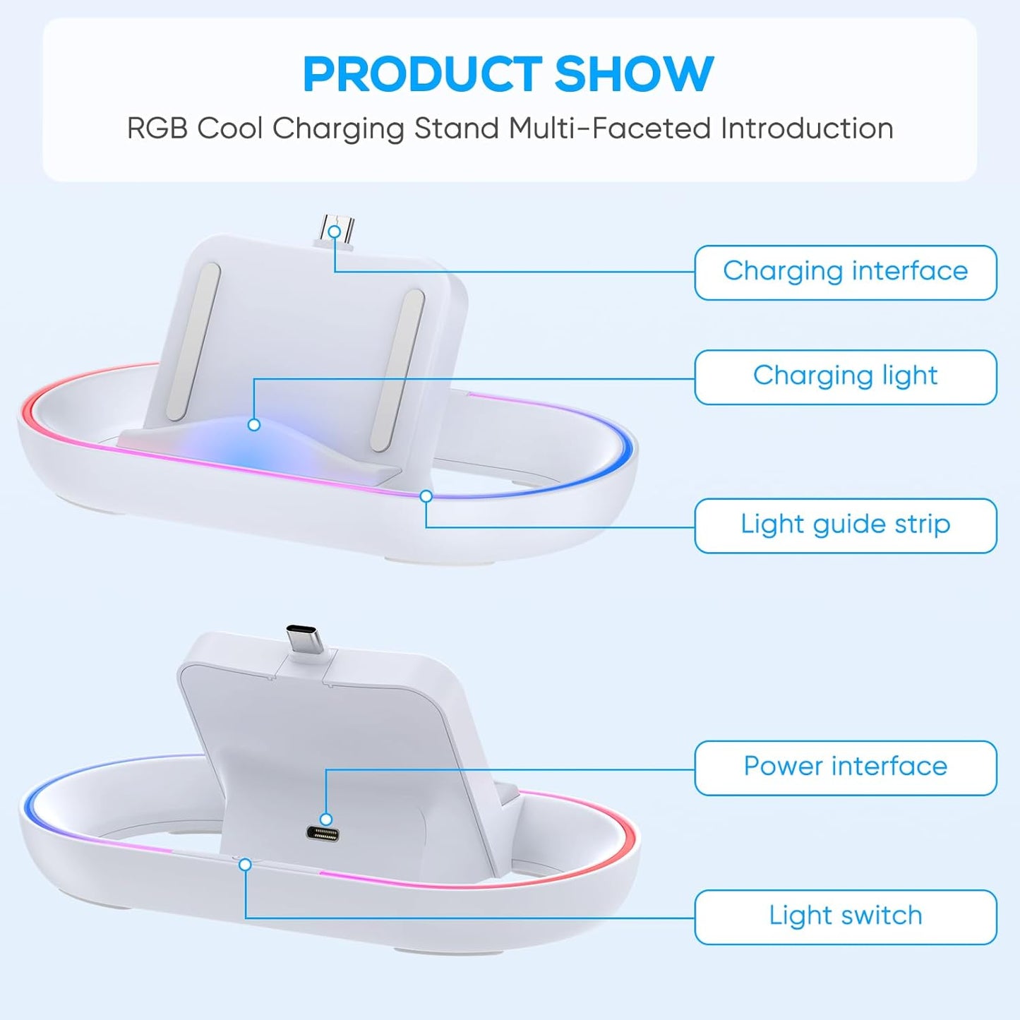 Charging Stand for PS Portal Remote Player, Portable Charge Dock Station with 14 RGB Light Modes and Type-C Cable, Charge Base Holder Accessories for Playstation 5 Portal Console (White)