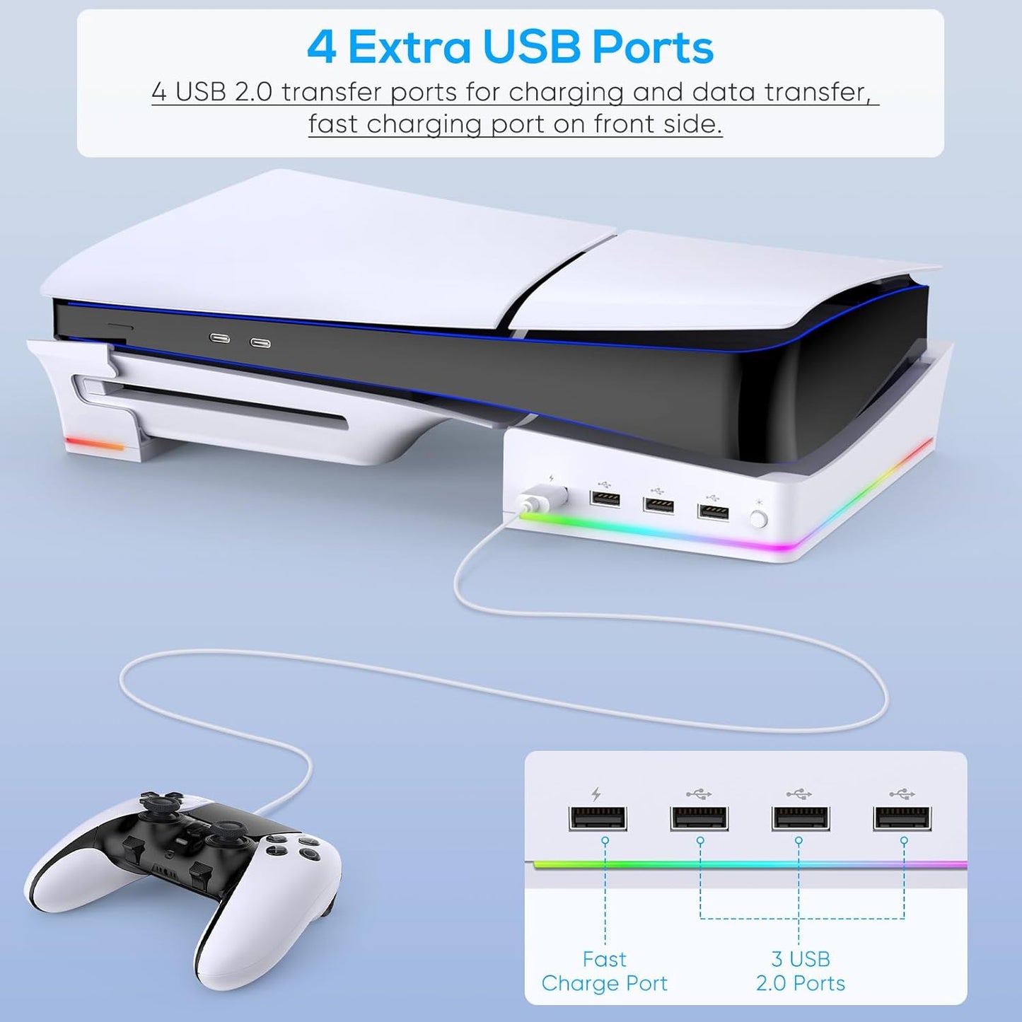 Horizontal Stand with RGB LED Light for New PS5 Slim Pro Console,Stand Holder Accessories with 14 Light Modes and 4-Port USB Ports, Non-Slip Base for Playstation 5 Slim Pro Disc&Digital Edition