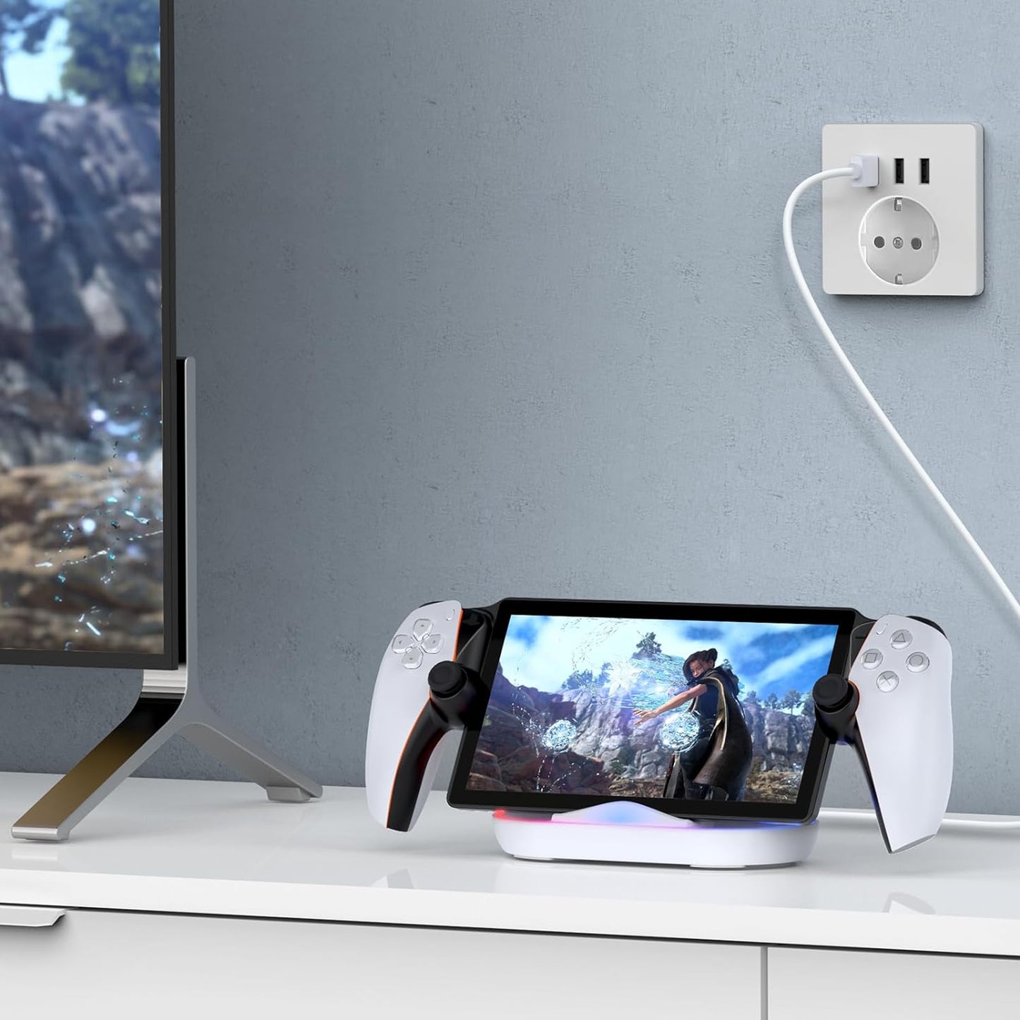 Charging Stand for PS Portal Remote Player, Portable Charge Dock Station with 14 RGB Light Modes and Type-C Cable, Charge Base Holder Accessories for Playstation 5 Portal Console (White)