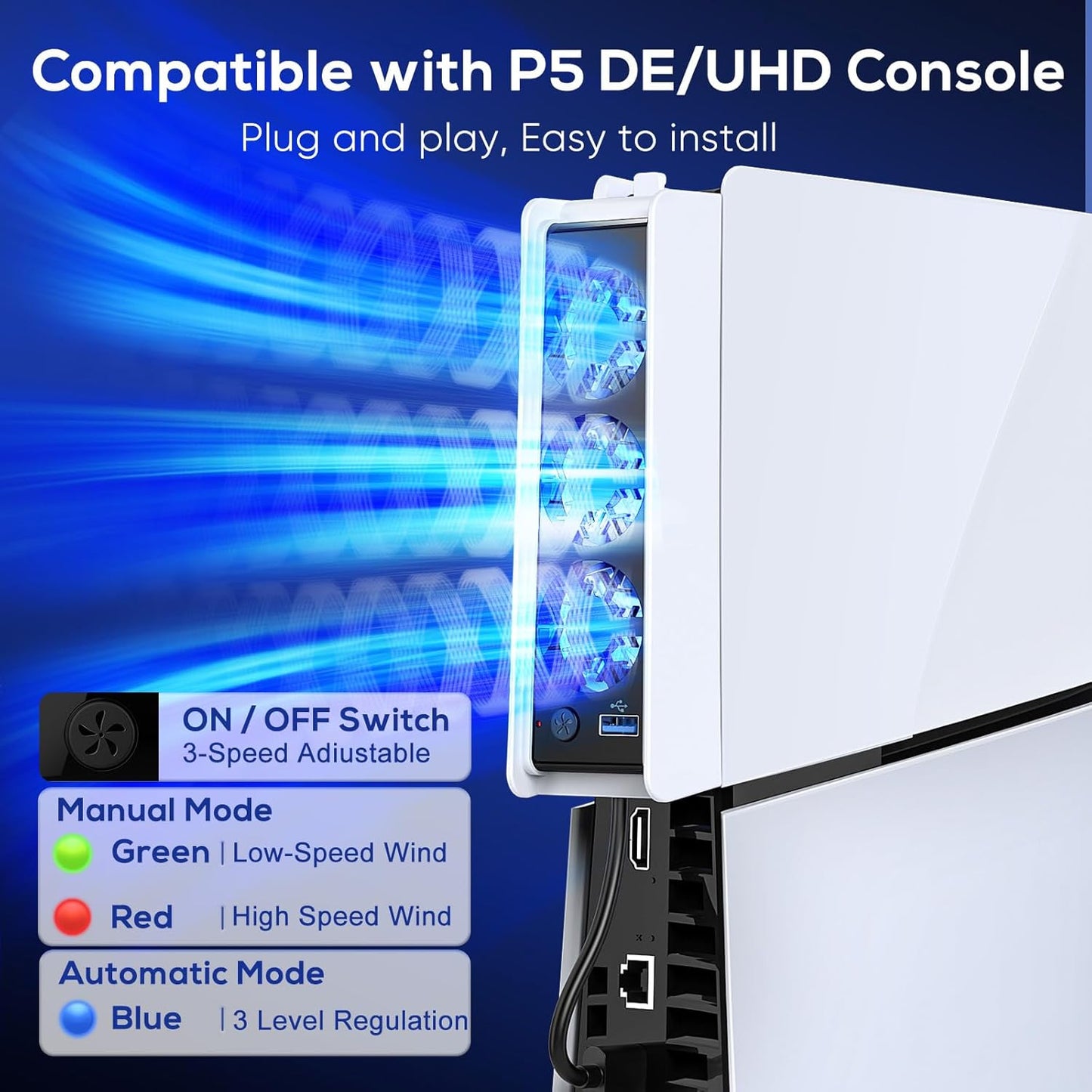 FASTSNAIL Cooling Fan for PS5 Slim Digital/Disc, Auto Speed Adjustable by Temperature Sensor, 2 Fan Speed Manual & USB 3.0 Hub & LED Light, Cooler System Accessories for PS5 Slim Console
