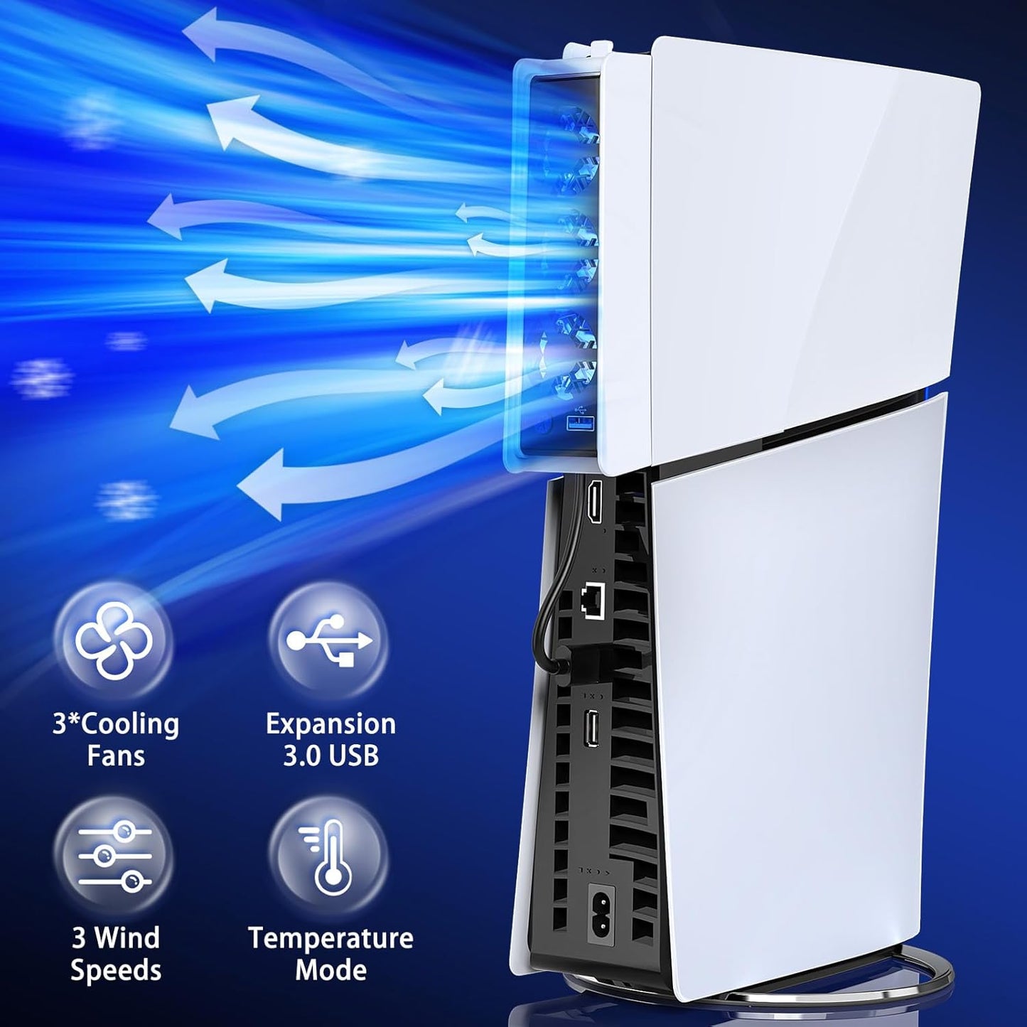 FASTSNAIL Cooling Fan for PS5 Slim Digital/Disc, Auto Speed Adjustable by Temperature Sensor, 2 Fan Speed Manual & USB 3.0 Hub & LED Light, Cooler System Accessories for PS5 Slim Console
