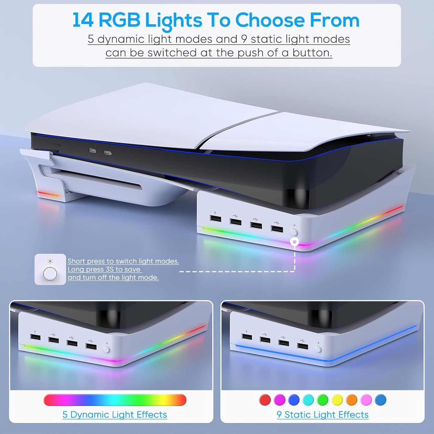 Horizontal Stand with RGB LED Light for New PS5 Slim Pro Console,Stand Holder Accessories with 14 Light Modes and 4-Port USB Ports, Non-Slip Base for Playstation 5 Slim Pro Disc&Digital Edition