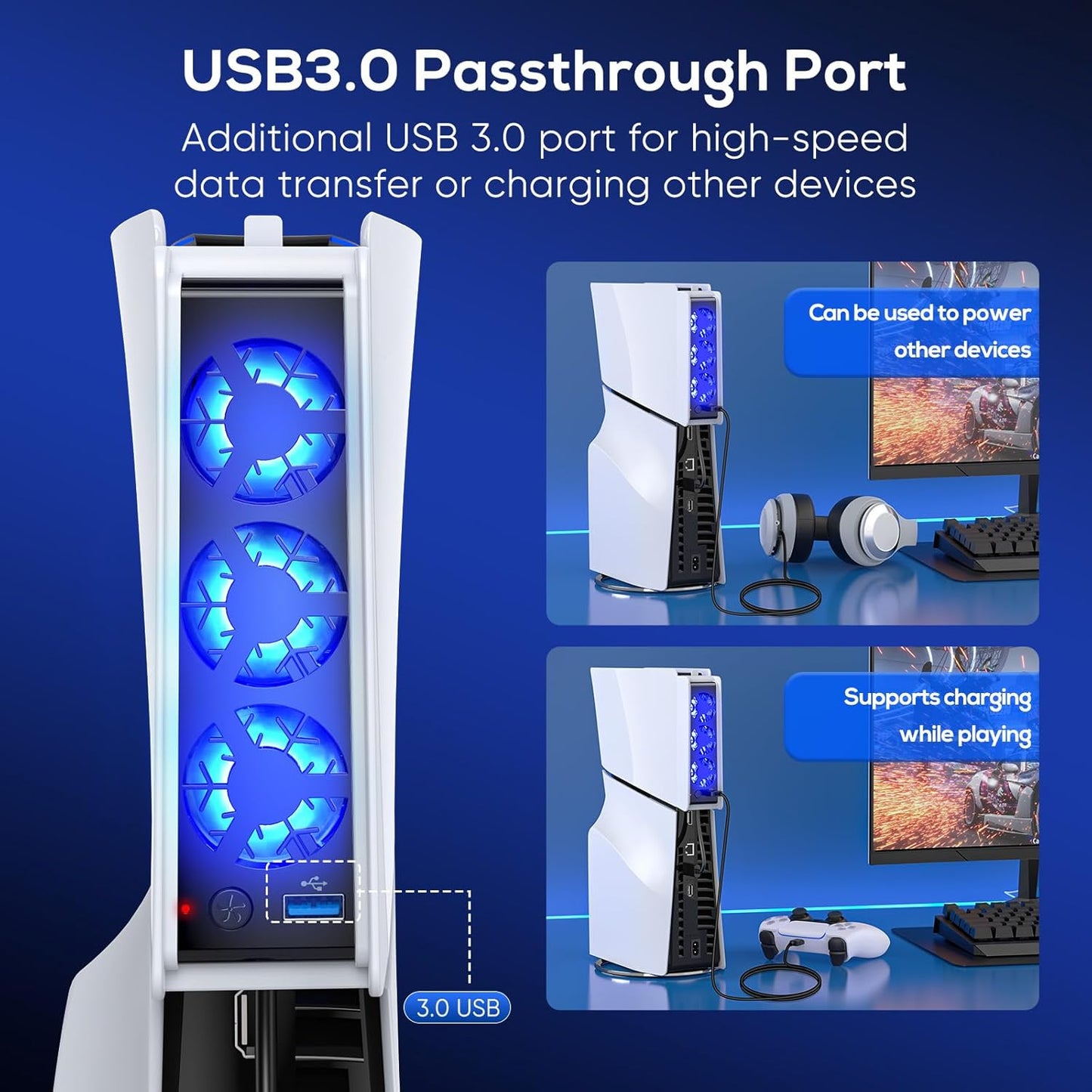 FASTSNAIL Cooling Fan for PS5 Slim Digital/Disc, Auto Speed Adjustable by Temperature Sensor, 2 Fan Speed Manual & USB 3.0 Hub & LED Light, Cooler System Accessories for PS5 Slim Console