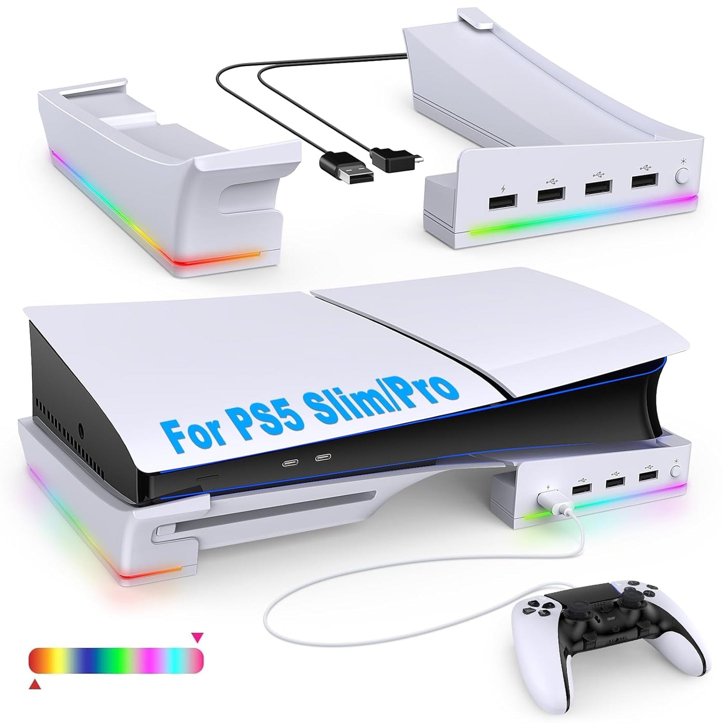 Horizontal Stand with RGB LED Light for New PS5 Slim Pro Console,Stand Holder Accessories with 14 Light Modes and 4-Port USB Ports, Non-Slip Base for Playstation 5 Slim Pro Disc&Digital Edition