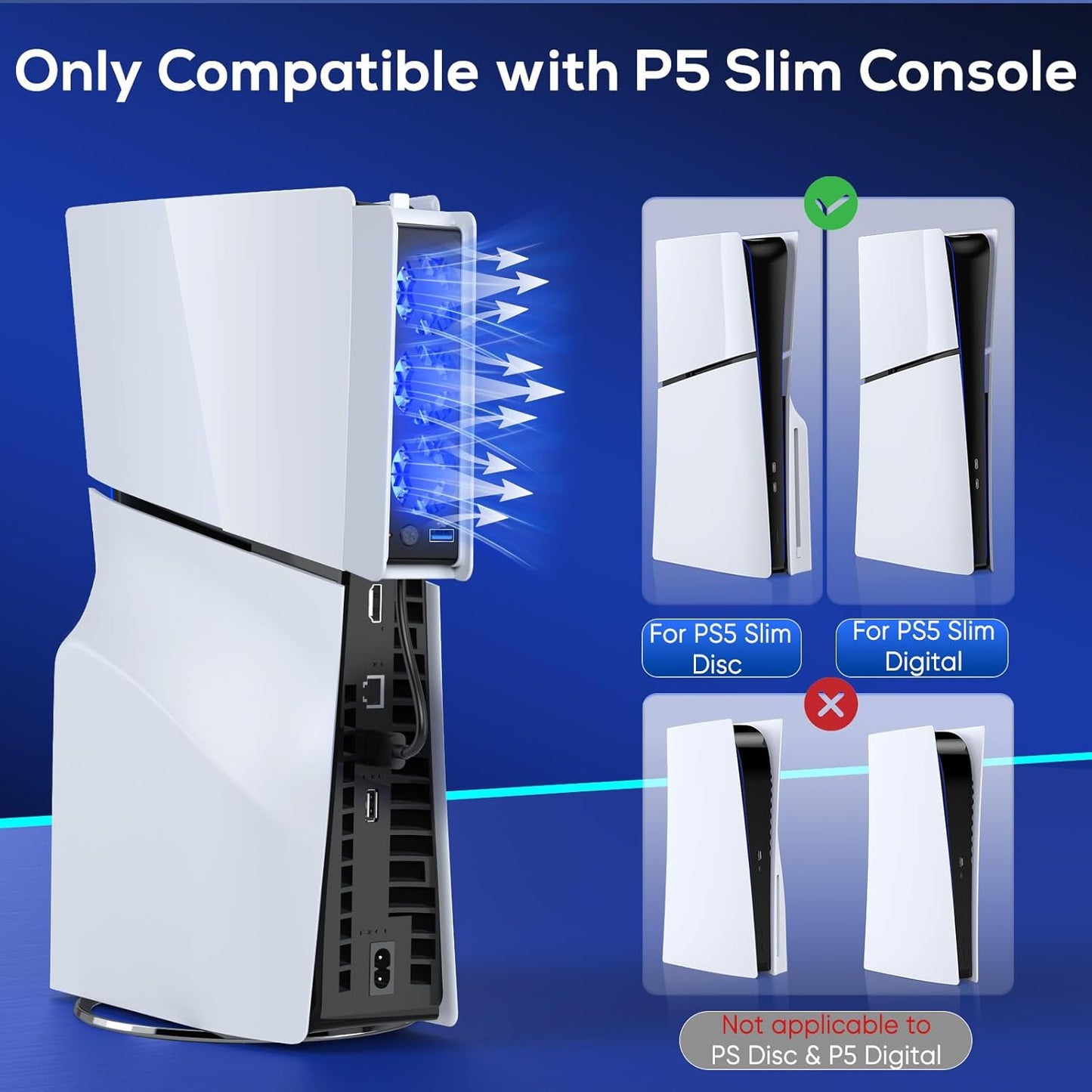 FASTSNAIL Cooling Fan for PS5 Slim Digital/Disc, Auto Speed Adjustable by Temperature Sensor, 2 Fan Speed Manual & USB 3.0 Hub & LED Light, Cooler System Accessories for PS5 Slim Console