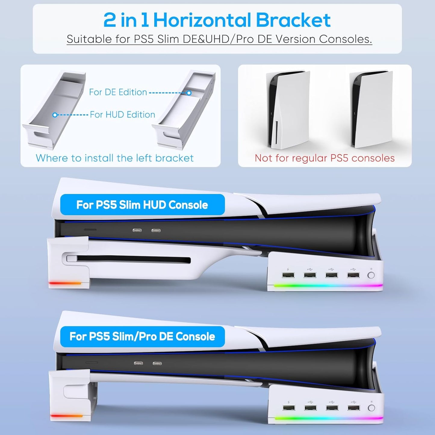 Horizontal Stand with RGB LED Light for New PS5 Slim Pro Console,Stand Holder Accessories with 14 Light Modes and 4-Port USB Ports, Non-Slip Base for Playstation 5 Slim Pro Disc&Digital Edition