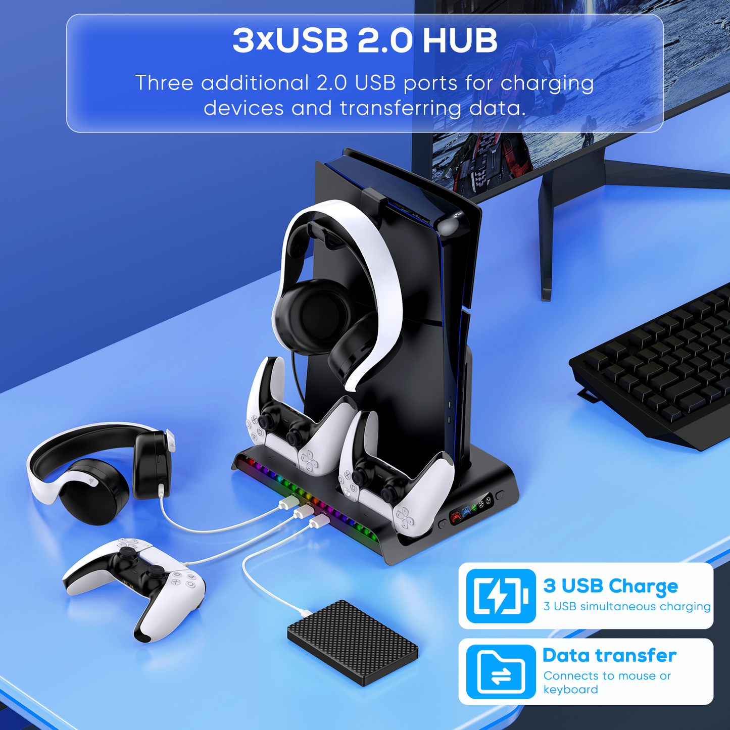 Charging Stand with Cooling Fan Only for PS5 Slim Console, Dual Controller Charger Station with 9 RGB Lights & Headset Hook & 3-Level Silent Fan, Cooler Accessories for PS5 Slim Digital/Disc