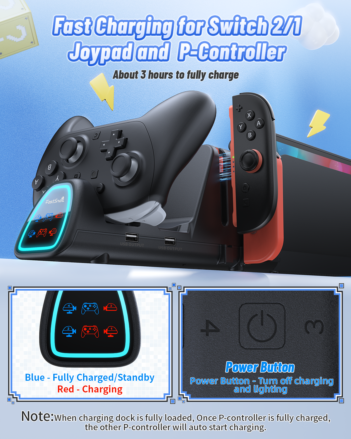 [Switch 1/2 Compatible]  FASTSNAIL Controller Charging Dock for Nintendo Switch 2/1, 10 in 1 Fast Controller Charger Station Stand for Pro Controller 2/1 with 11 RGB Modes, LED Indicator