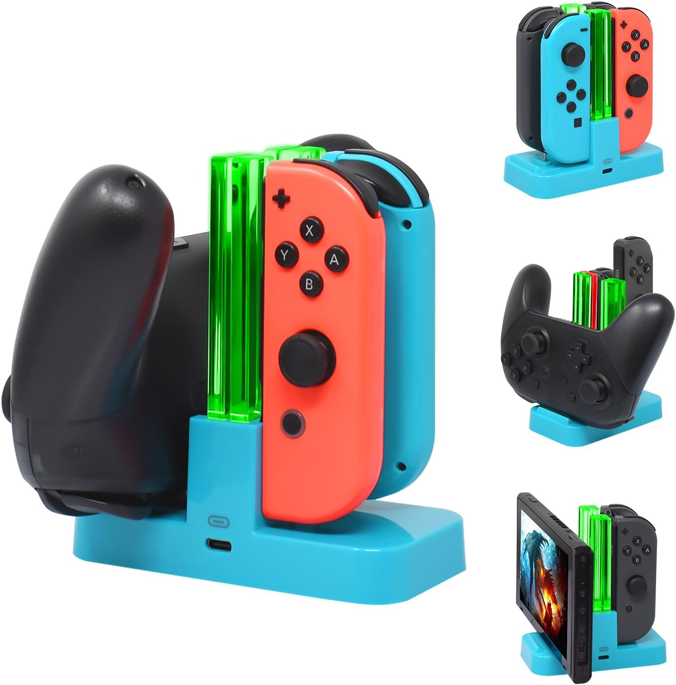 Controller Charger Compatible with Nintendo Switch & OLED Model for Joycon, Charging Dock Station for Joy con and for Pro Controller with Charger Indicator and Type C Charging Cable