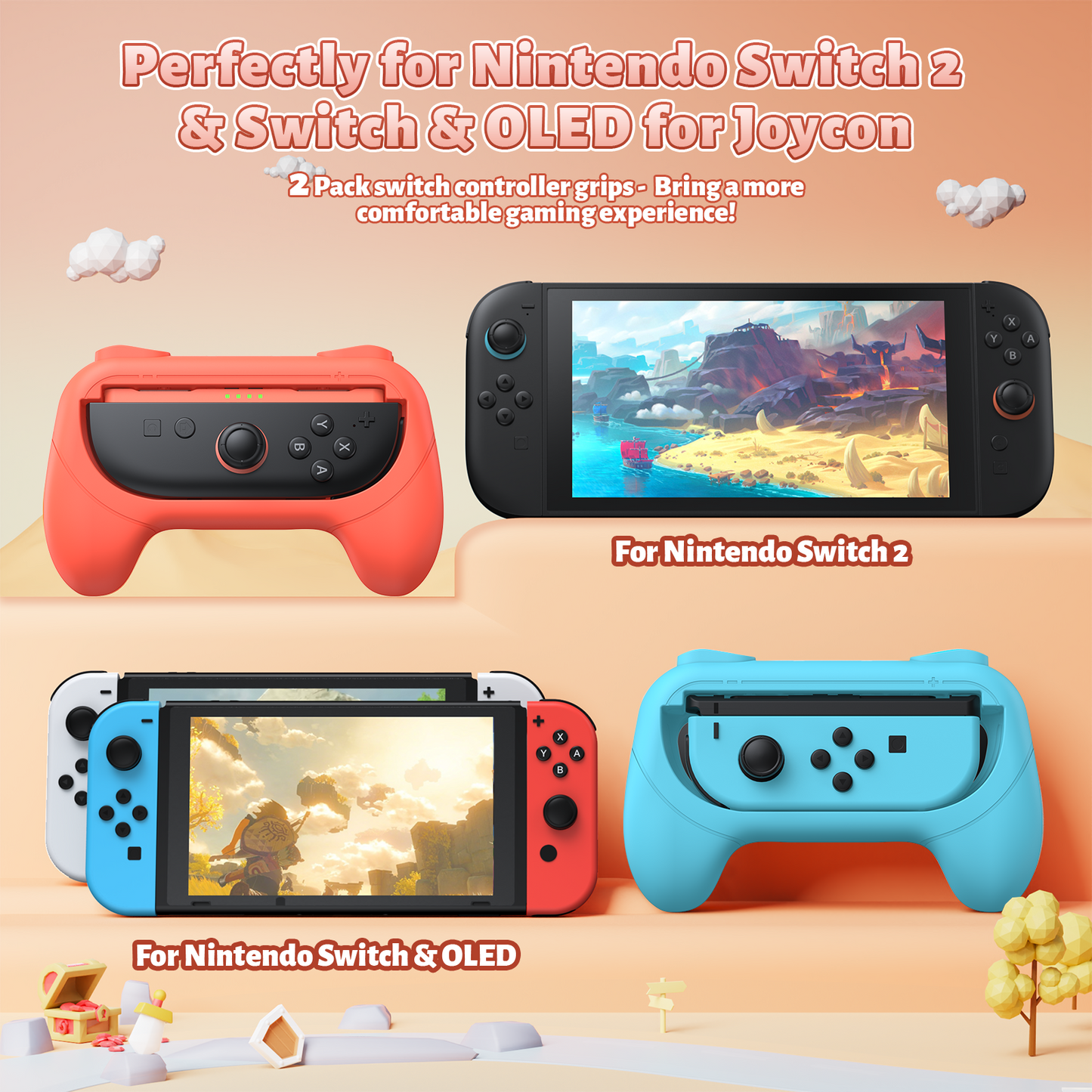 [Switch 1/2 Compatible] FASTSNAIL Handle Grips for Nintendo Switch Joy-Con 2(2025) /1/OLED, Accessories for NS2/1 (Blue,Orange)