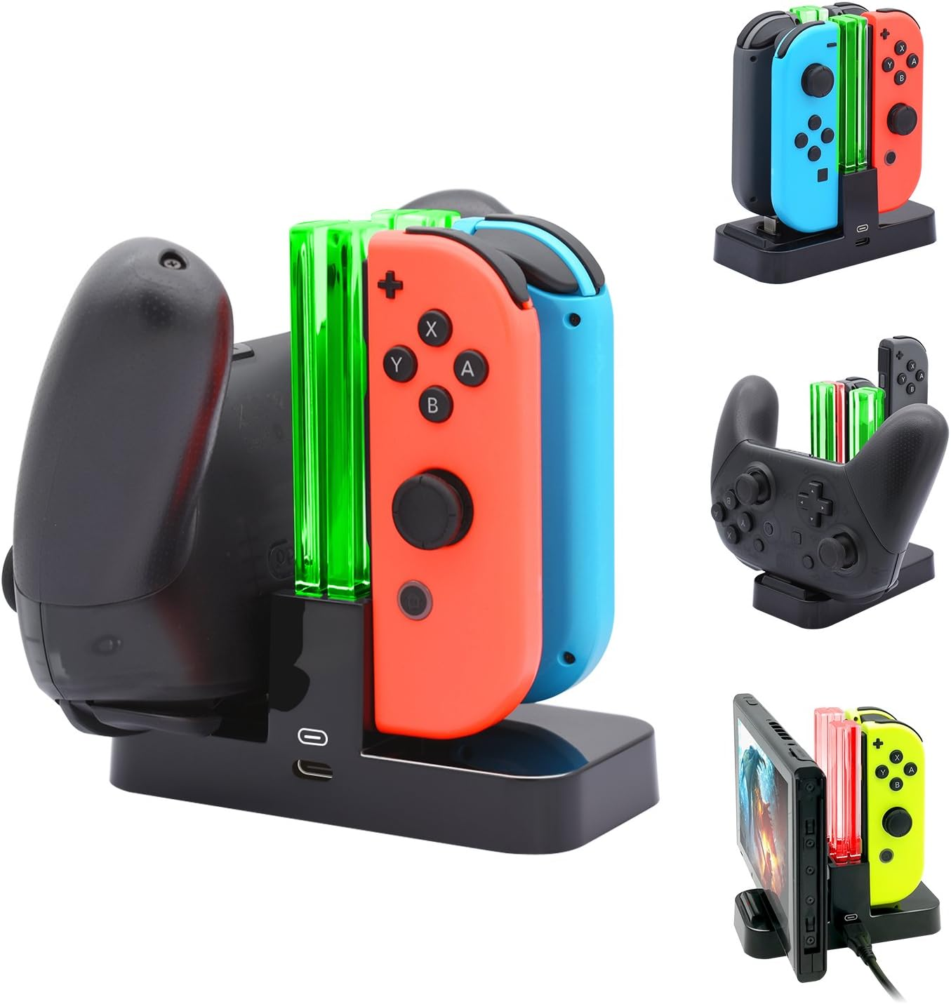 Controller Charger Compatible with Nintendo Switch & OLED Model for Joycon, Charging Dock Station for Joy con and for Pro Controller with Charger Indicator and Type C Charging Cable