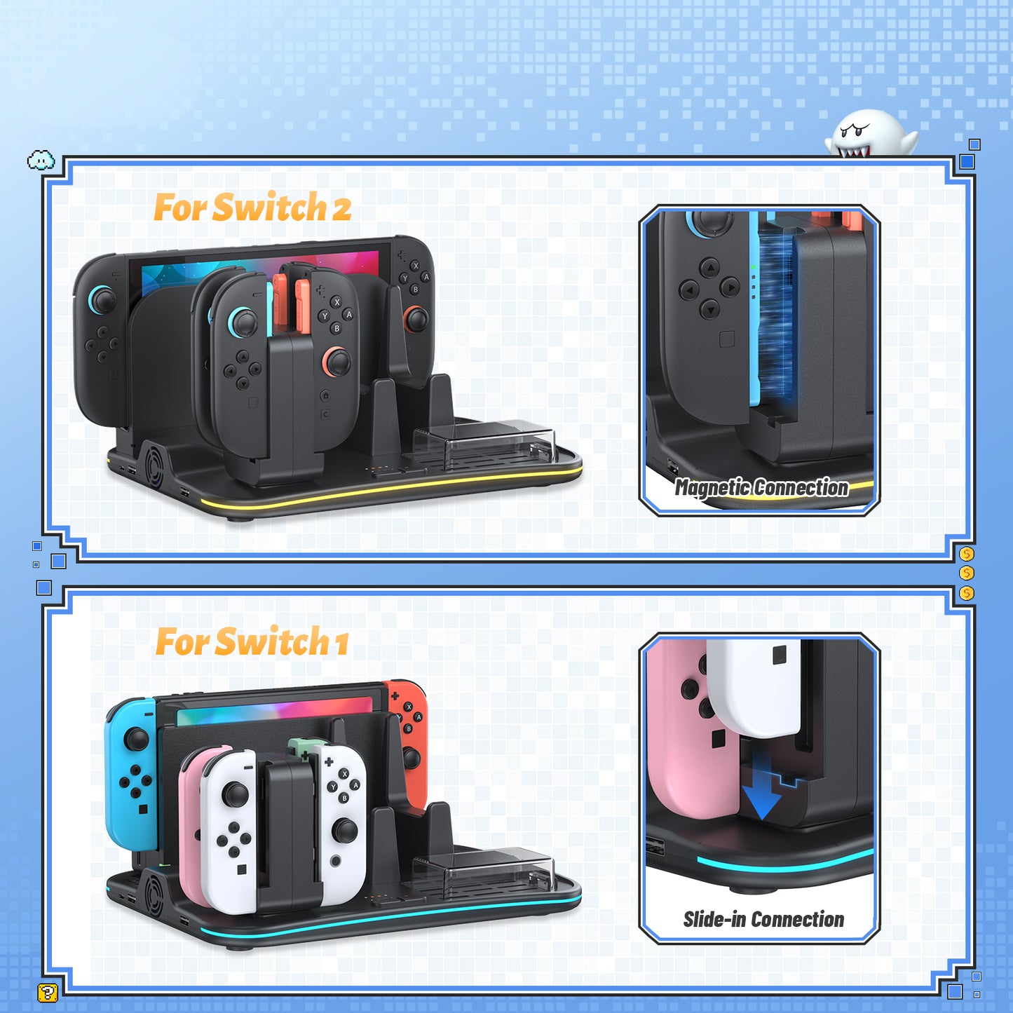[Switch 2/1 Compatible] FASTSNAIL Charging Dock & Orgainzer Station & Cooling Fan for Nintendo Switch 2/1/OLED