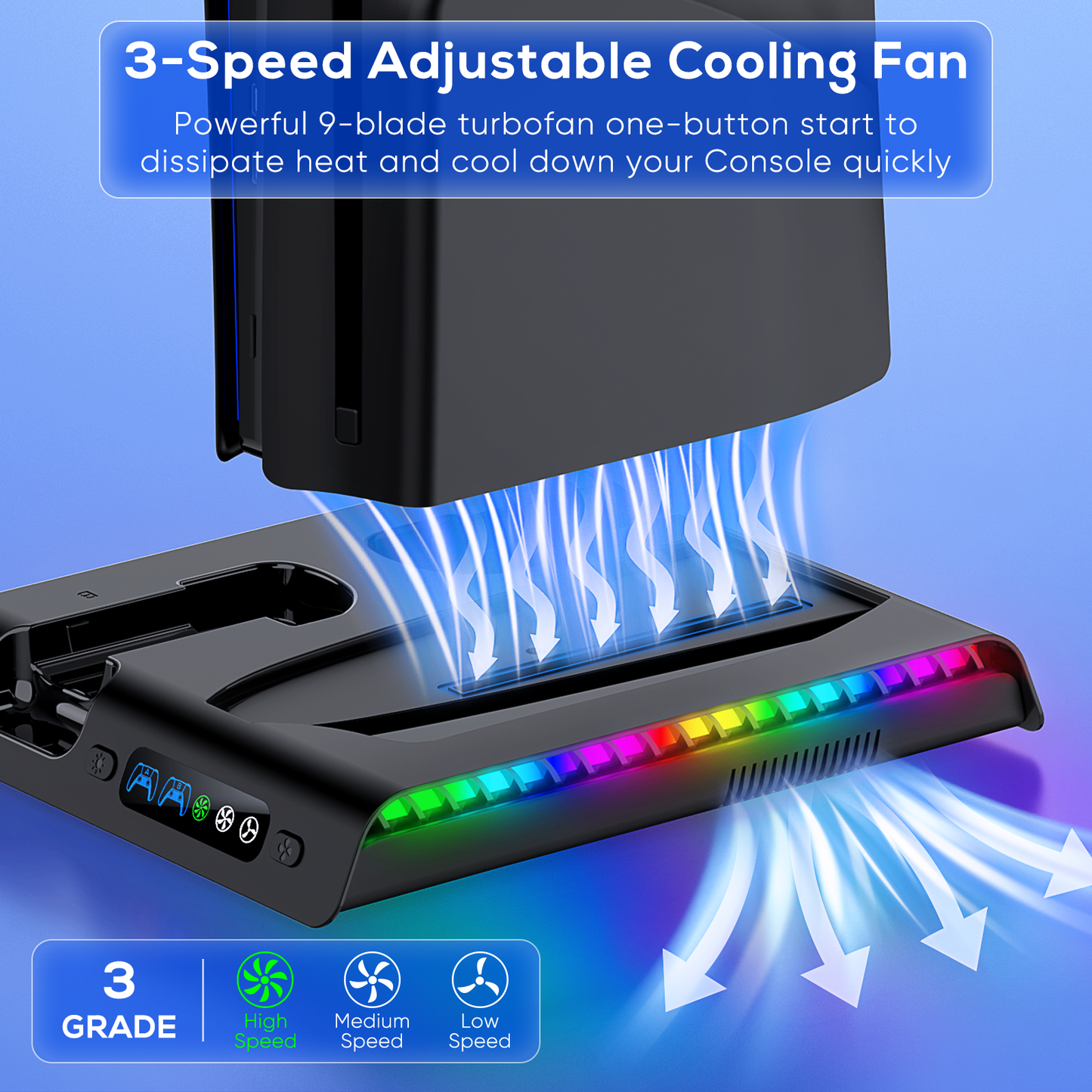 Charging Stand with Cooling Fan Only for PS5 Slim Console, Dual Controller Charger Station with 9 RGB Lights & Headset Hook & 3-Level Silent Fan, Cooler Accessories for PS5 Slim Digital/Disc