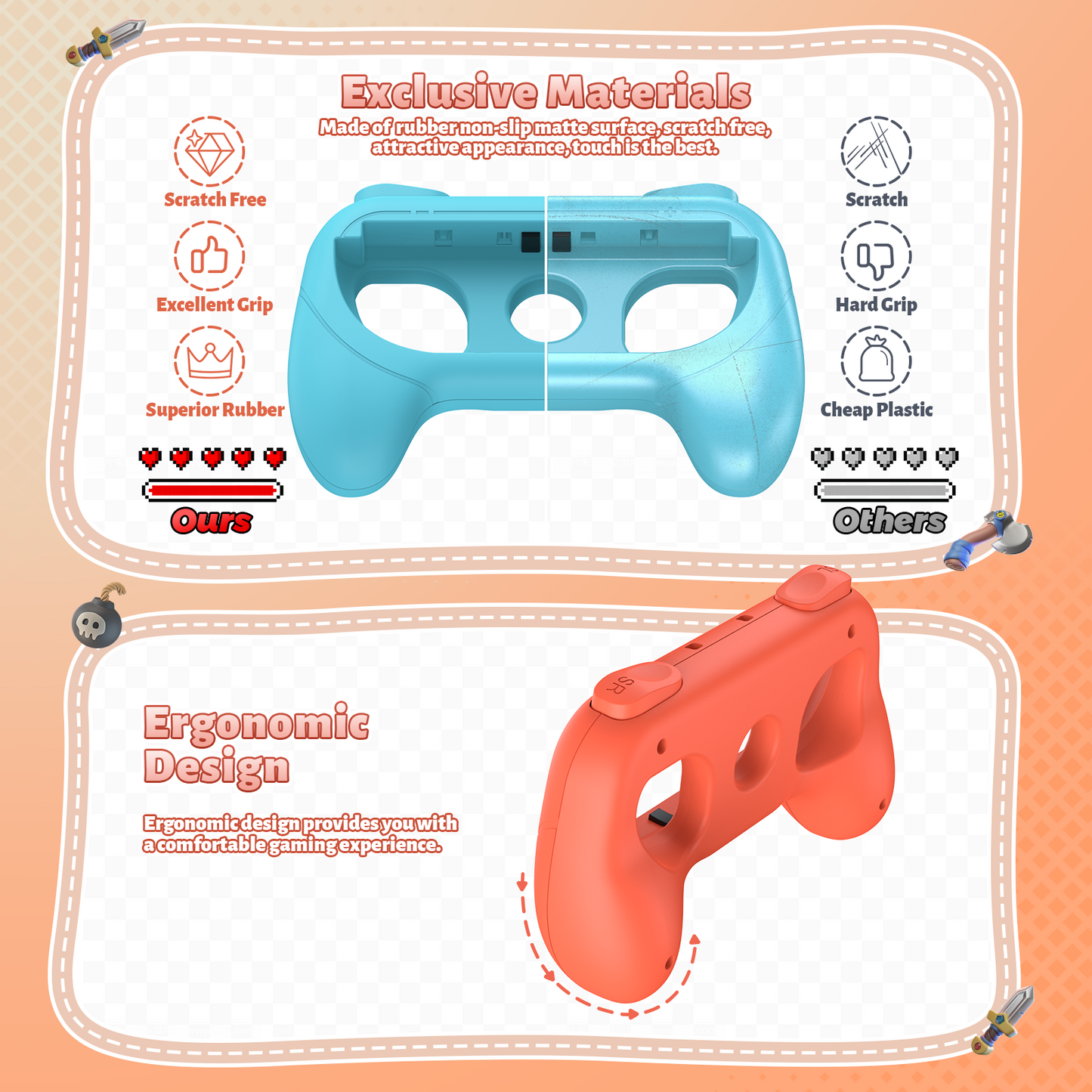 [Switch 1/2 Compatible] FASTSNAIL Handle Grips for Nintendo Switch Joy-Con 2(2025) /1/OLED, Accessories for NS2/1 (Blue,Orange)