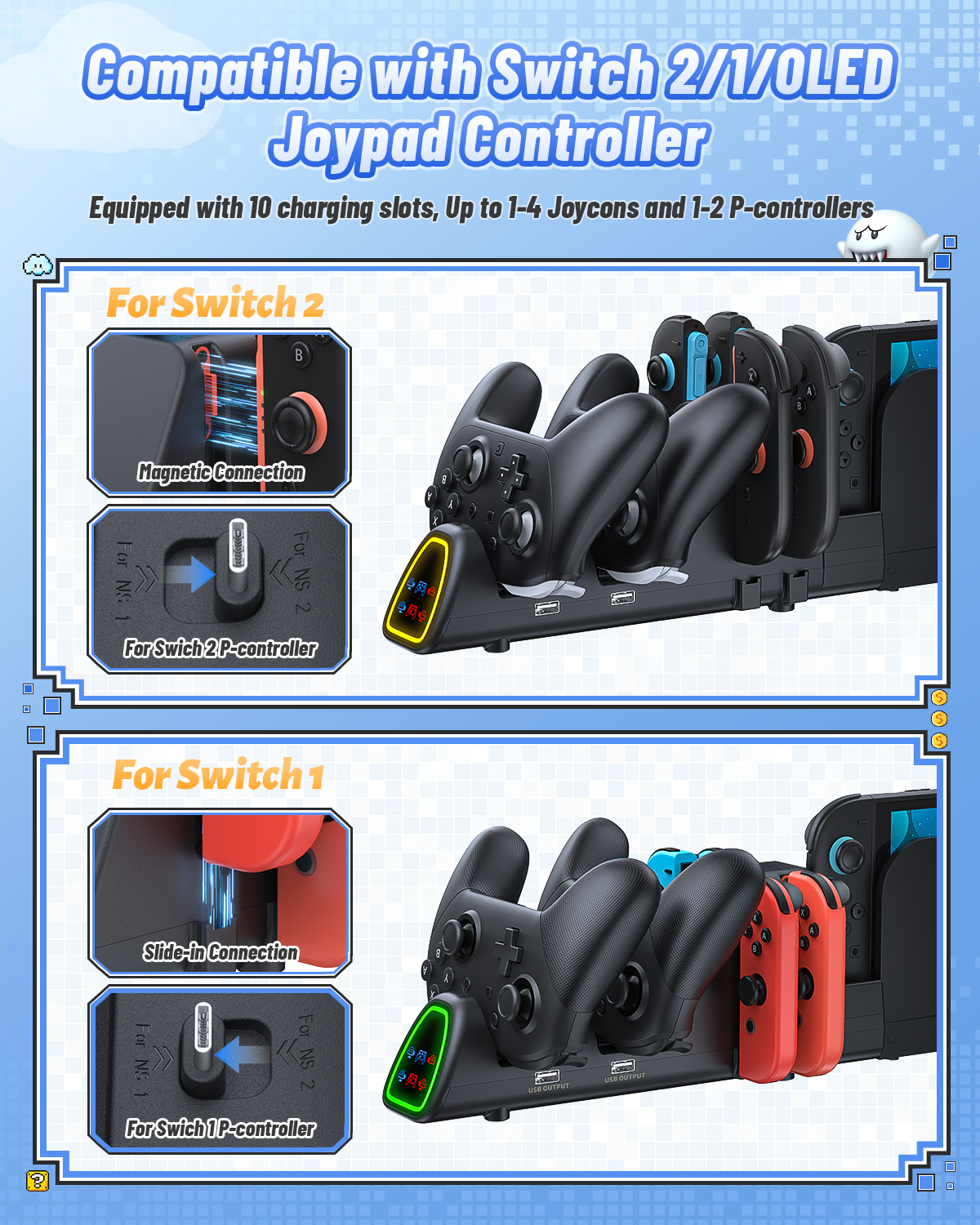 [Switch 1/2 Compatible]  FASTSNAIL Controller Charging Dock for Nintendo Switch 2/1, 10 in 1 Fast Controller Charger Station Stand for Pro Controller 2/1 with 11 RGB Modes, LED Indicator