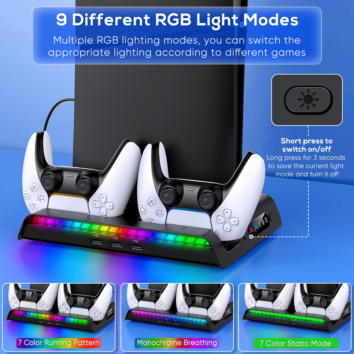 Charging Stand with Cooling Fan Only for PS5 Slim Console, Dual Controller Charger Station with 9 RGB Lights & Headset Hook & 3-Level Silent Fan, Cooler Accessories for PS5 Slim Digital/Disc