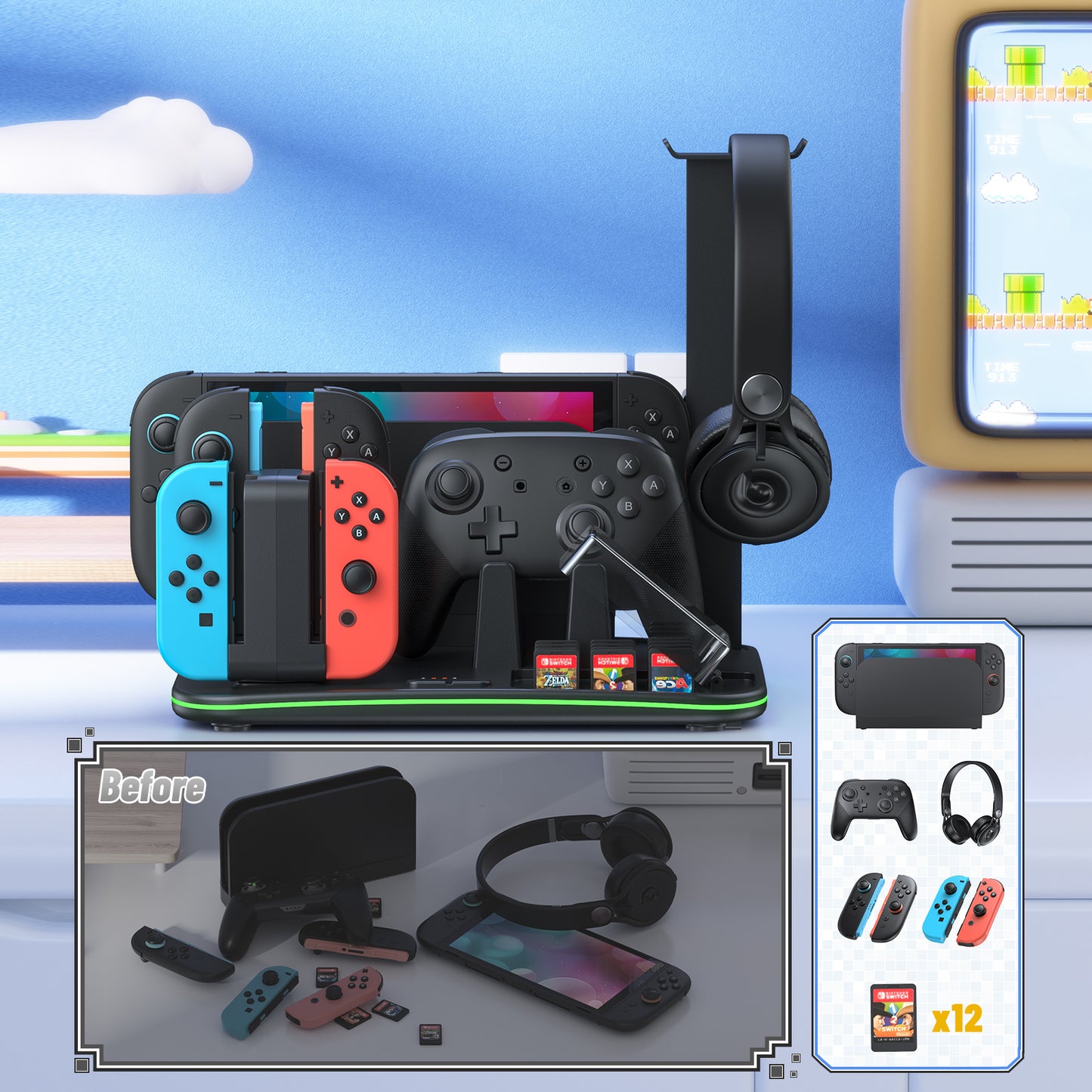 [Switch 2/1 Compatible] FASTSNAIL Charging Dock & Orgainzer Station & Cooling Fan for Nintendo Switch 2/1/OLED