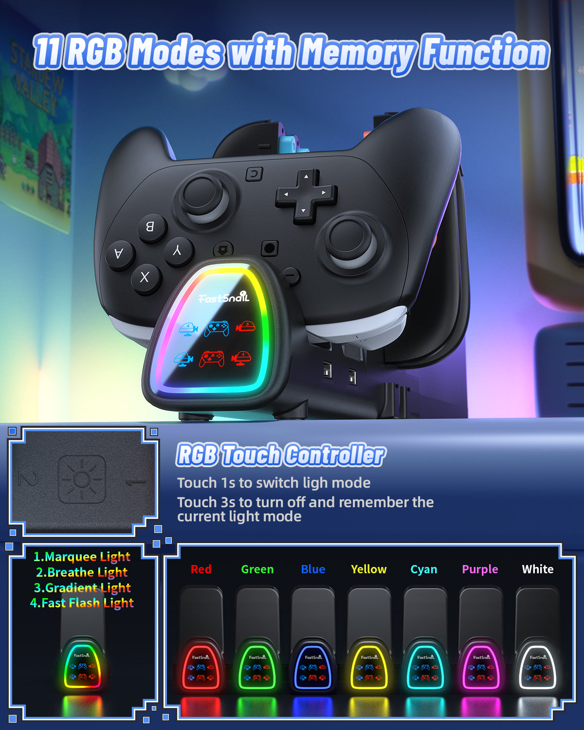 [Switch 1/2 Compatible]  FASTSNAIL Controller Charging Dock for Nintendo Switch 2/1, 10 in 1 Fast Controller Charger Station Stand for Pro Controller 2/1 with 11 RGB Modes, LED Indicator