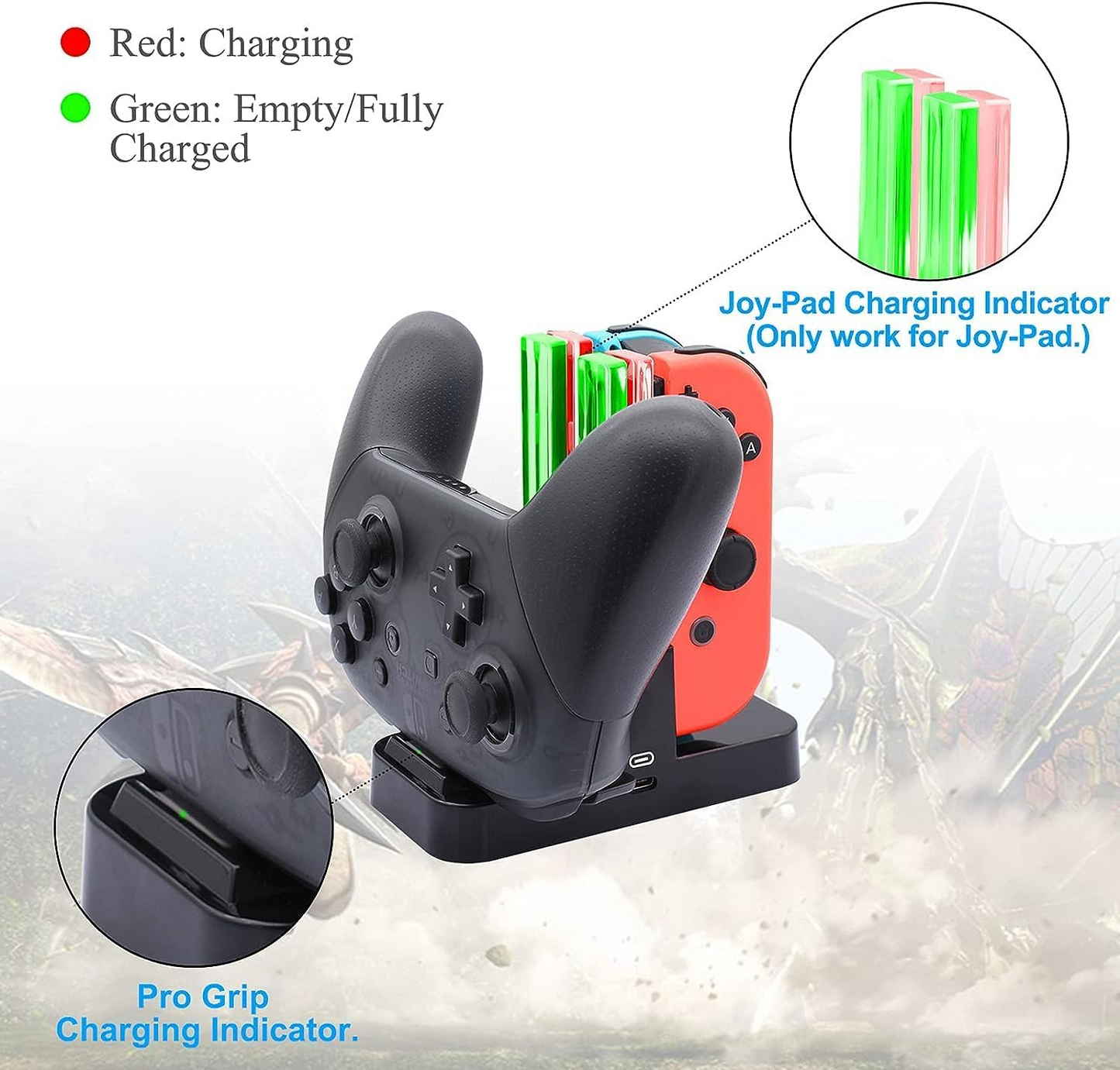 Controller Charger Compatible with Nintendo Switch & OLED Model for Joycon, Charging Dock Station for Joy con and for Pro Controller with Charger Indicator and Type C Charging Cable