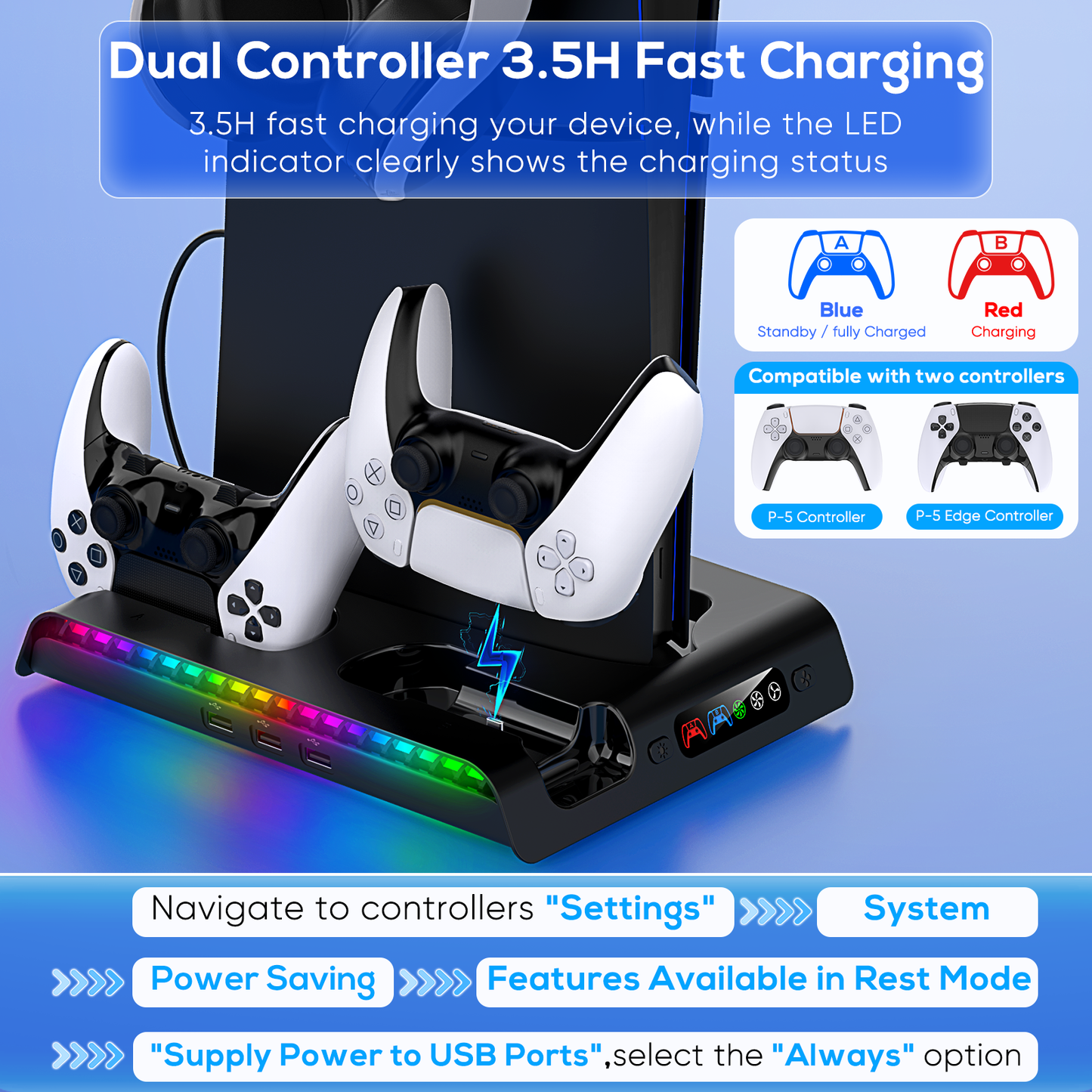 Charging Stand with Cooling Fan Only for PS5 Slim Console, Dual Controller Charger Station with 9 RGB Lights & Headset Hook & 3-Level Silent Fan, Cooler Accessories for PS5 Slim Digital/Disc