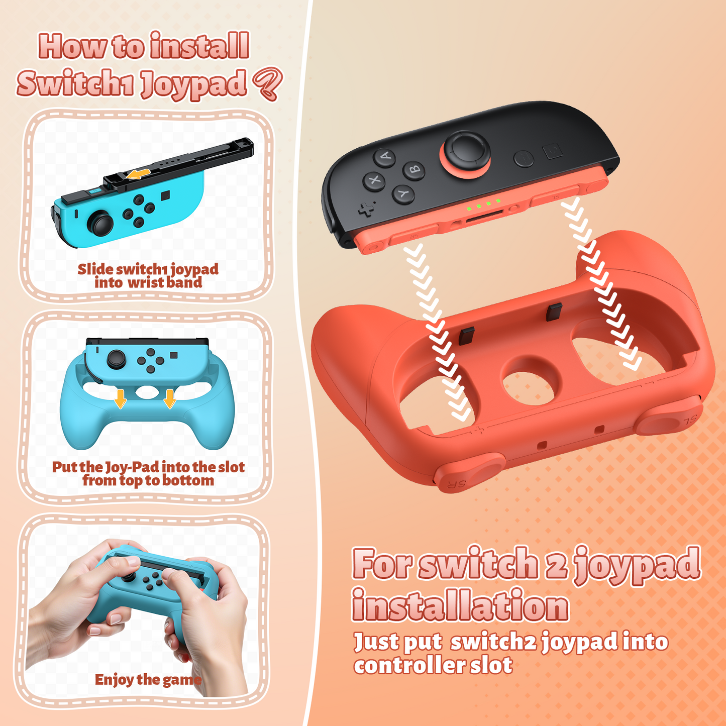 [Switch 1/2 Compatible] FASTSNAIL Handle Grips for Nintendo Switch Joy-Con 2(2025) /1/OLED, Accessories for NS2/1 (Blue,Orange)