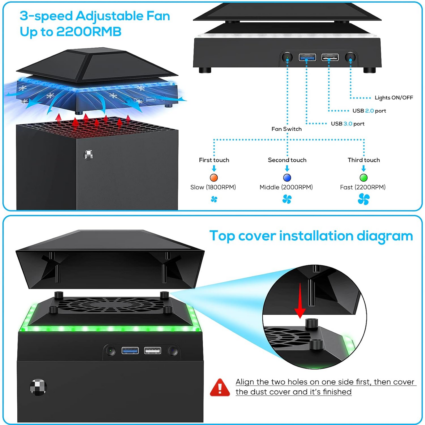 Cooling Fan Dust Cover for Xbox Series X Console, Cooling System with RGB Light, 3.0&2.0 USB Port, Dust Proof Filter, Low Noise Top Fan with 3 Gears, Rubber Dust Plugs, Series X Accessories