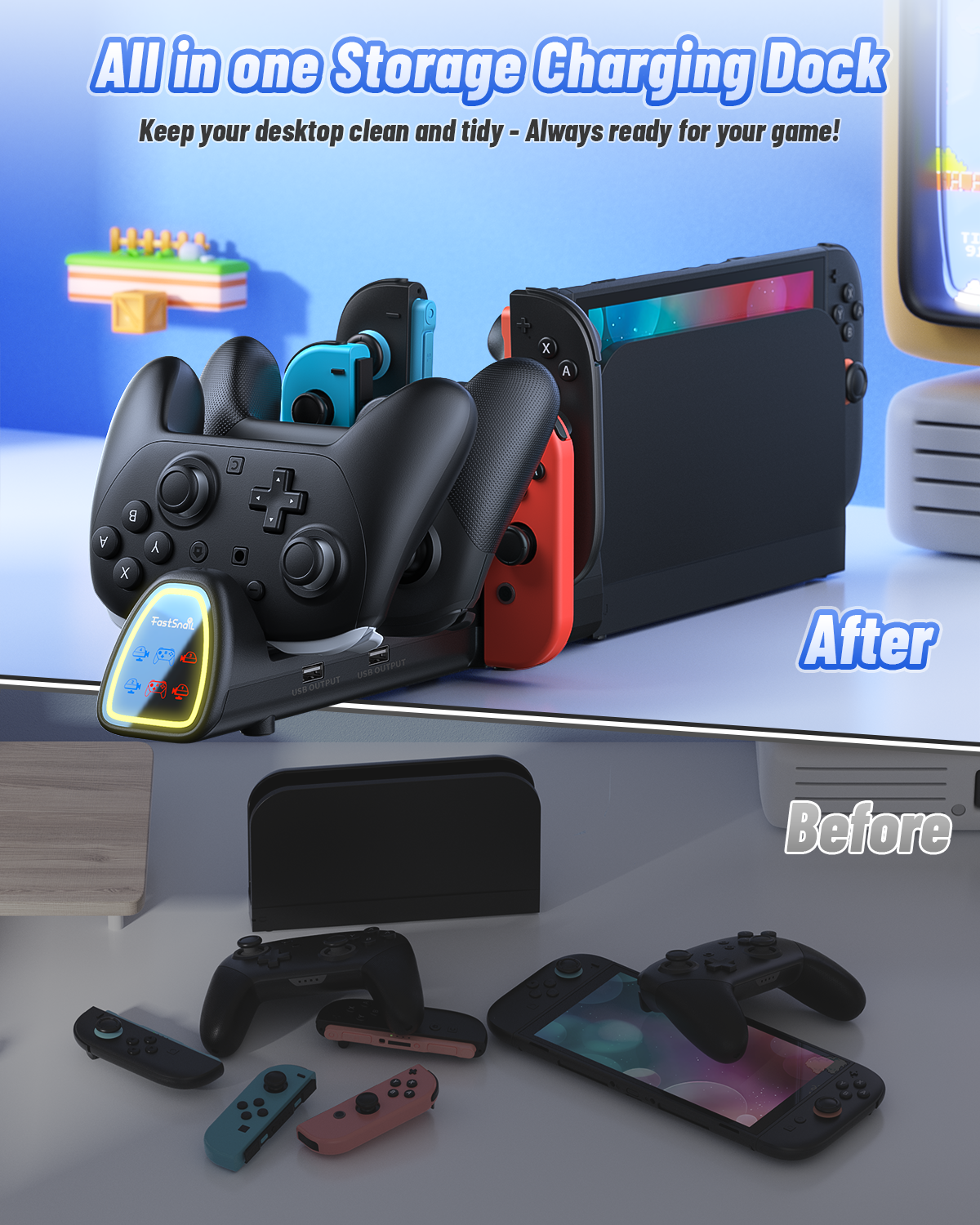 [Switch 1/2 Compatible]  FASTSNAIL Controller Charging Dock for Nintendo Switch 2/1, 10 in 1 Fast Controller Charger Station Stand for Pro Controller 2/1 with 11 RGB Modes, LED Indicator