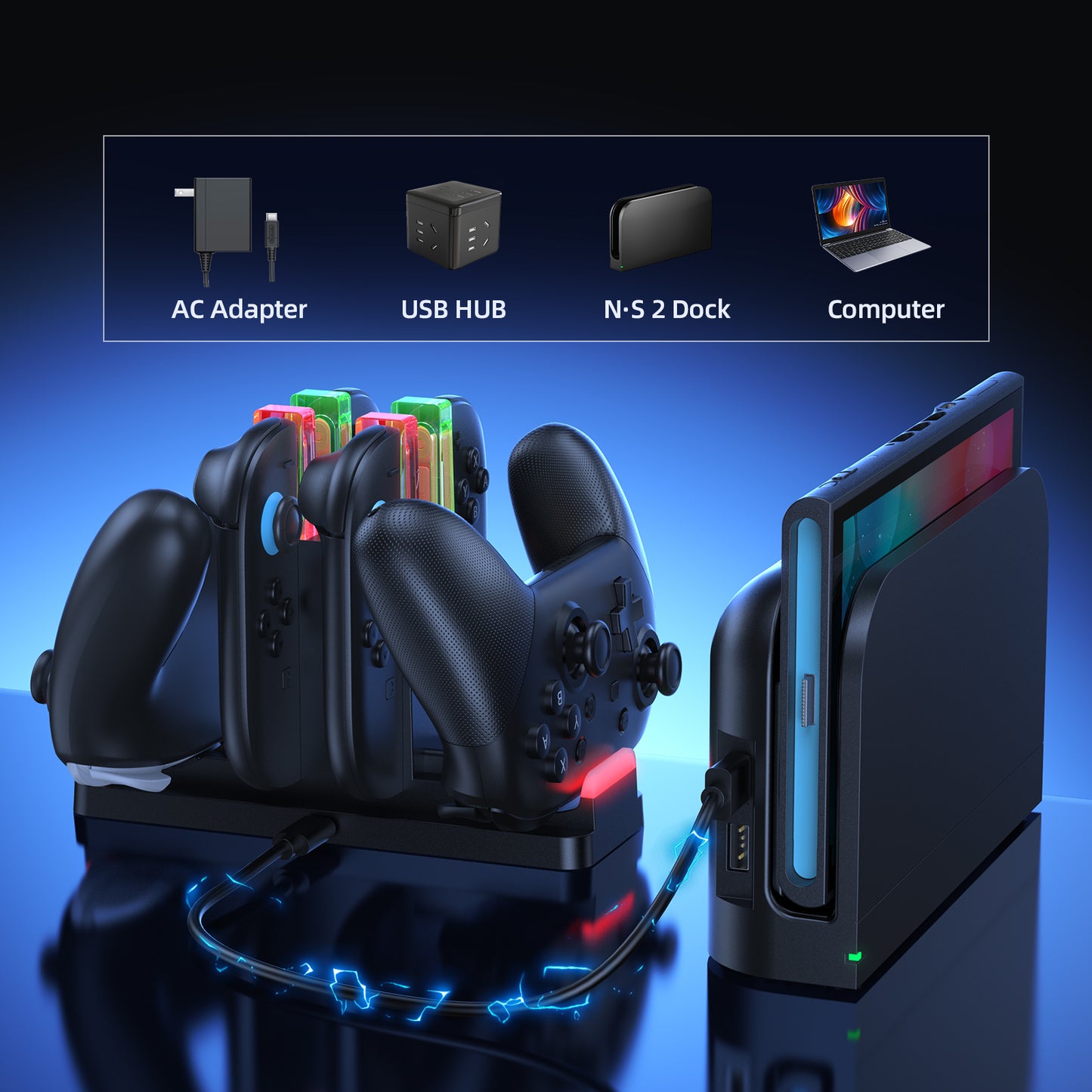 FASTSNAIL Charging Dock Compatible with Switch 2 for Joycon 2 and Switch 1/2 Pro Controller