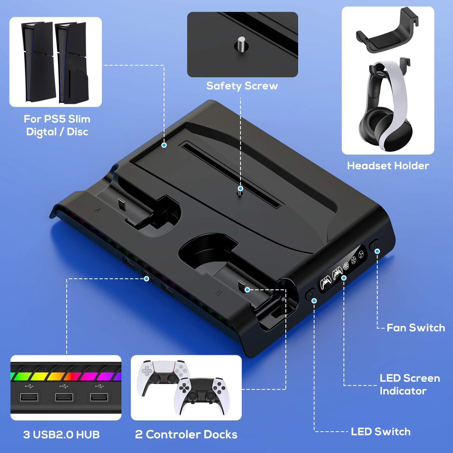 Charging Stand with Cooling Fan Only for PS5 Slim Console, Dual Controller Charger Station with 9 RGB Lights & Headset Hook & 3-Level Silent Fan, Cooler Accessories for PS5 Slim Digital/Disc