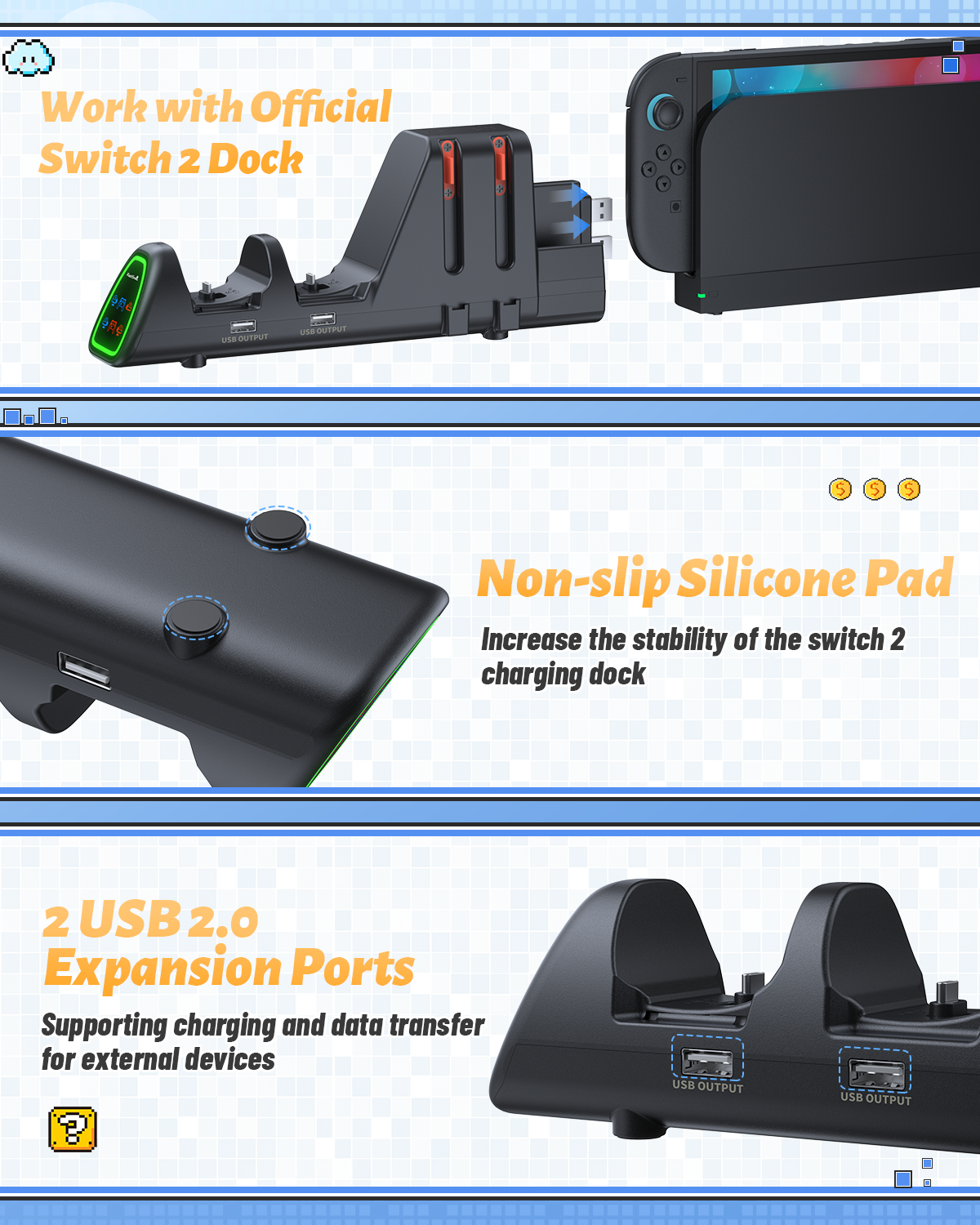 [Switch 1/2 Compatible]  FASTSNAIL Controller Charging Dock for Nintendo Switch 2/1, 10 in 1 Fast Controller Charger Station Stand for Pro Controller 2/1 with 11 RGB Modes, LED Indicator