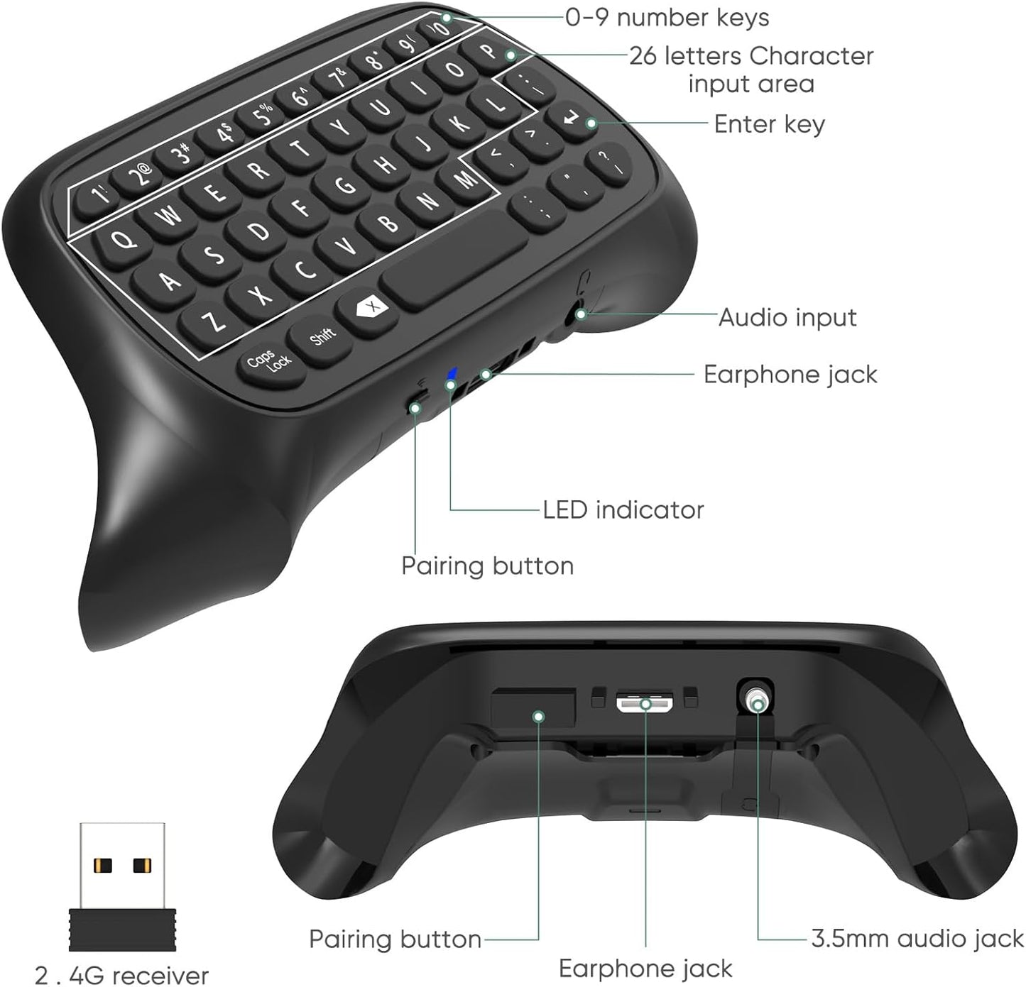 Wireless Controller Keyboards for Xbox Series X/S, 2.4G USB Receiver Controller Qwerty Keypad & Chatpad with 3.5mm Audio/Original Jack, Text Message & Voice Chat, for Xbox Series S/Series X/One/One S