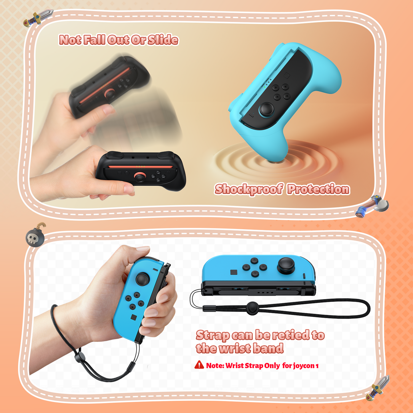 [Switch 1/2 Compatible] FASTSNAIL Handle Grips for Nintendo Switch Joy-Con 2(2025) /1/OLED, Accessories for NS2/1 (Blue,Orange)