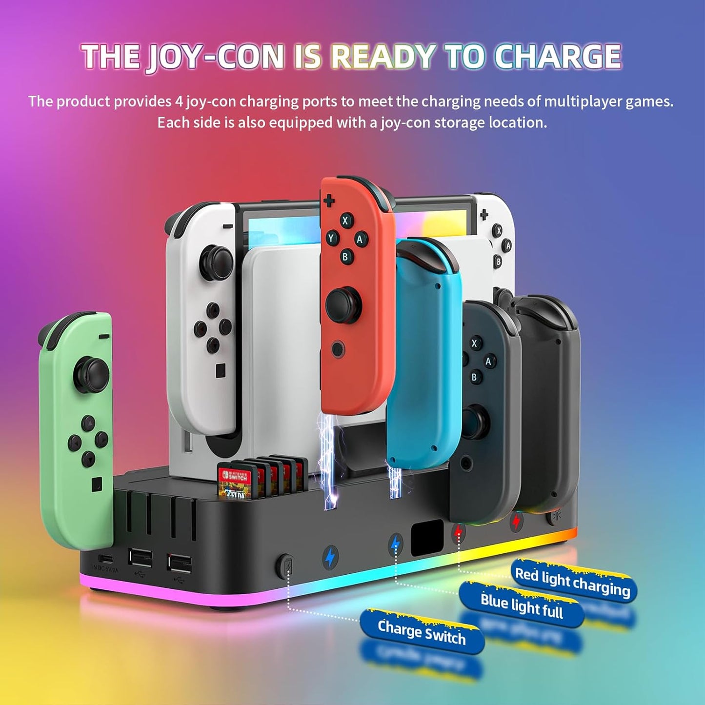 RGB Switch Wall Mount for Joy-Con Charger, Switch Holder for Nintendo Switch / OLED with Switch Organizer, Switch Accessories with 15 Light Mode, 4 Controller Charger, 2 USB Port, 10 Card Slot