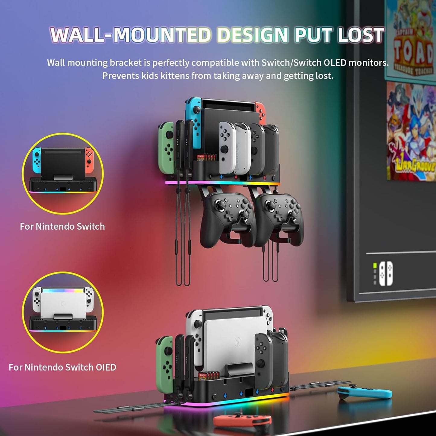 RGB Switch Wall Mount for Joy-Con Charger, Switch Holder for Nintendo Switch / OLED with Switch Organizer, Switch Accessories with 15 Light Mode, 4 Controller Charger, 2 USB Port, 10 Card Slot