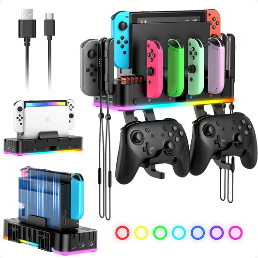 RGB Switch Wall Mount for Joy-Con Charger, Switch Holder for Nintendo Switch / OLED with Switch Organizer, Switch Accessories with 15 Light Mode, 4 Controller Charger, 2 USB Port, 10 Card Slot