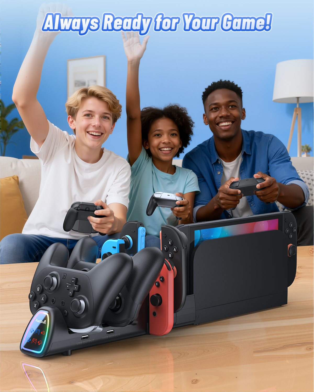 [Switch 1/2 Compatible]  FASTSNAIL Controller Charging Dock for Nintendo Switch 2/1, 10 in 1 Fast Controller Charger Station Stand for Pro Controller 2/1 with 11 RGB Modes, LED Indicator