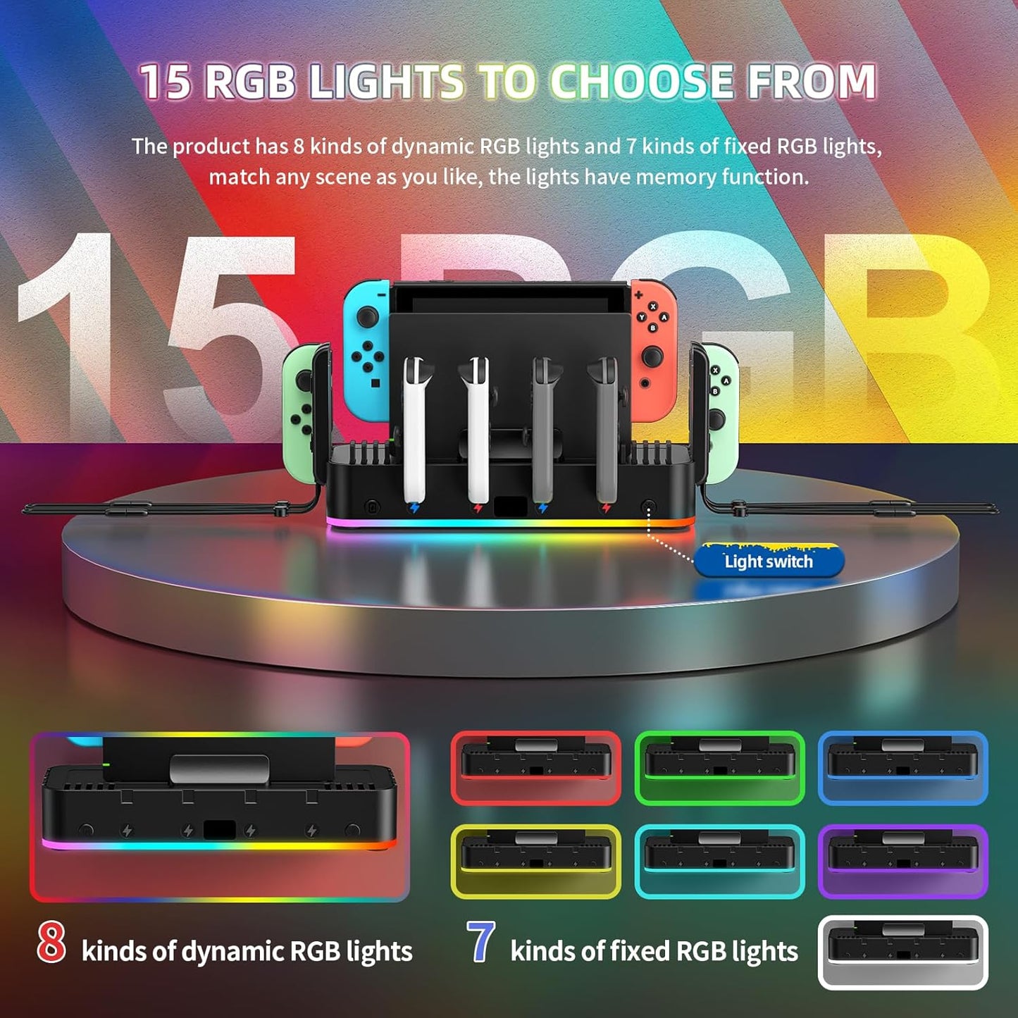 RGB Switch Wall Mount for Joy-Con Charger, Switch Holder for Nintendo Switch / OLED with Switch Organizer, Switch Accessories with 15 Light Mode, 4 Controller Charger, 2 USB Port, 10 Card Slot