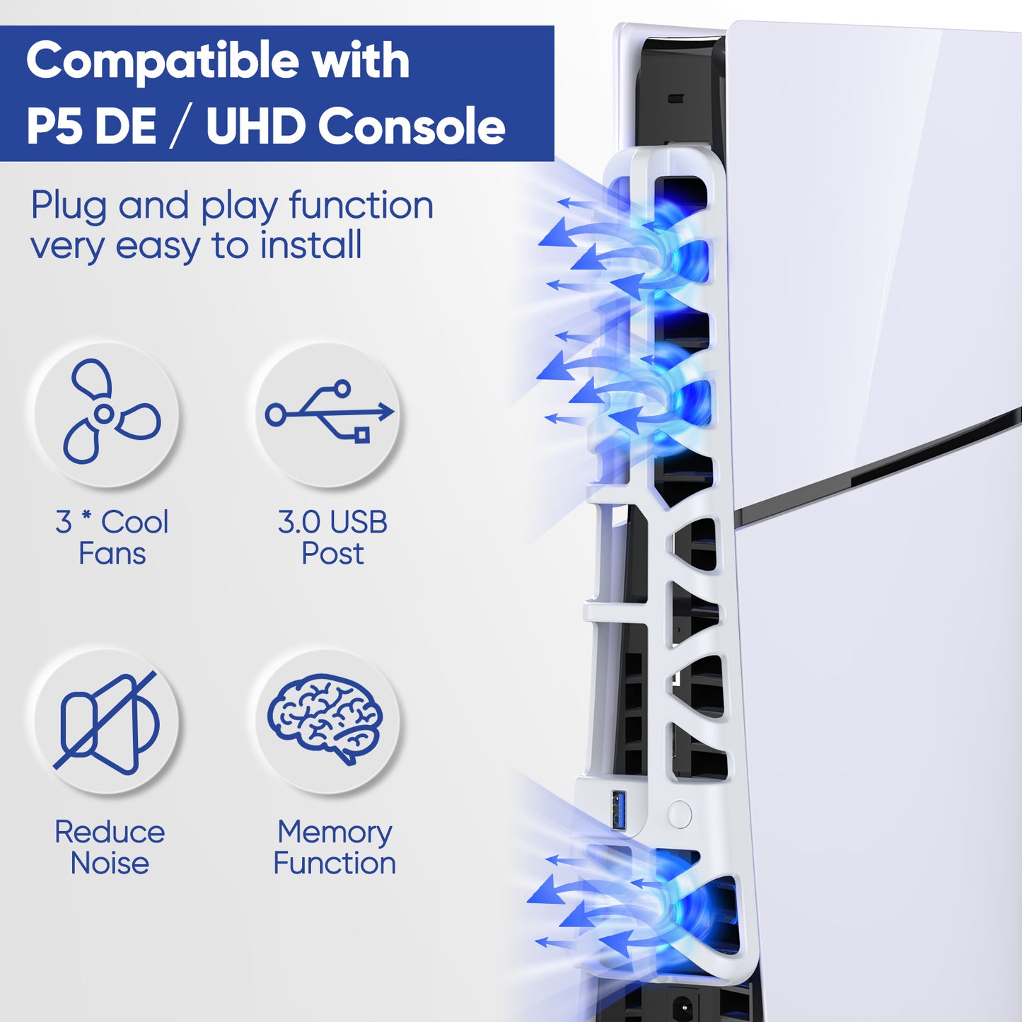 Cooling Fan for PS5 Slim Console, Quiet Cooling System with Memory Function and LED Light, Cooler Accessories with 3 High-Speed Fans & USB 3.0 Port for PS5 Slim Digital & Discs Edition