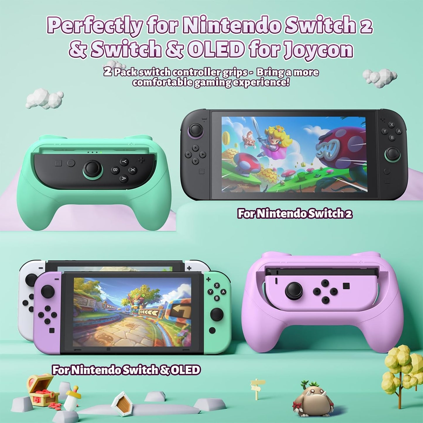 [Switch 1/2 Compatible] FASTSNAIL Handle Grips for Nintendo Switch Joy-Con 2(2025) /1/OLED, Accessories for NS2/1 (Light Purple, Light Green)