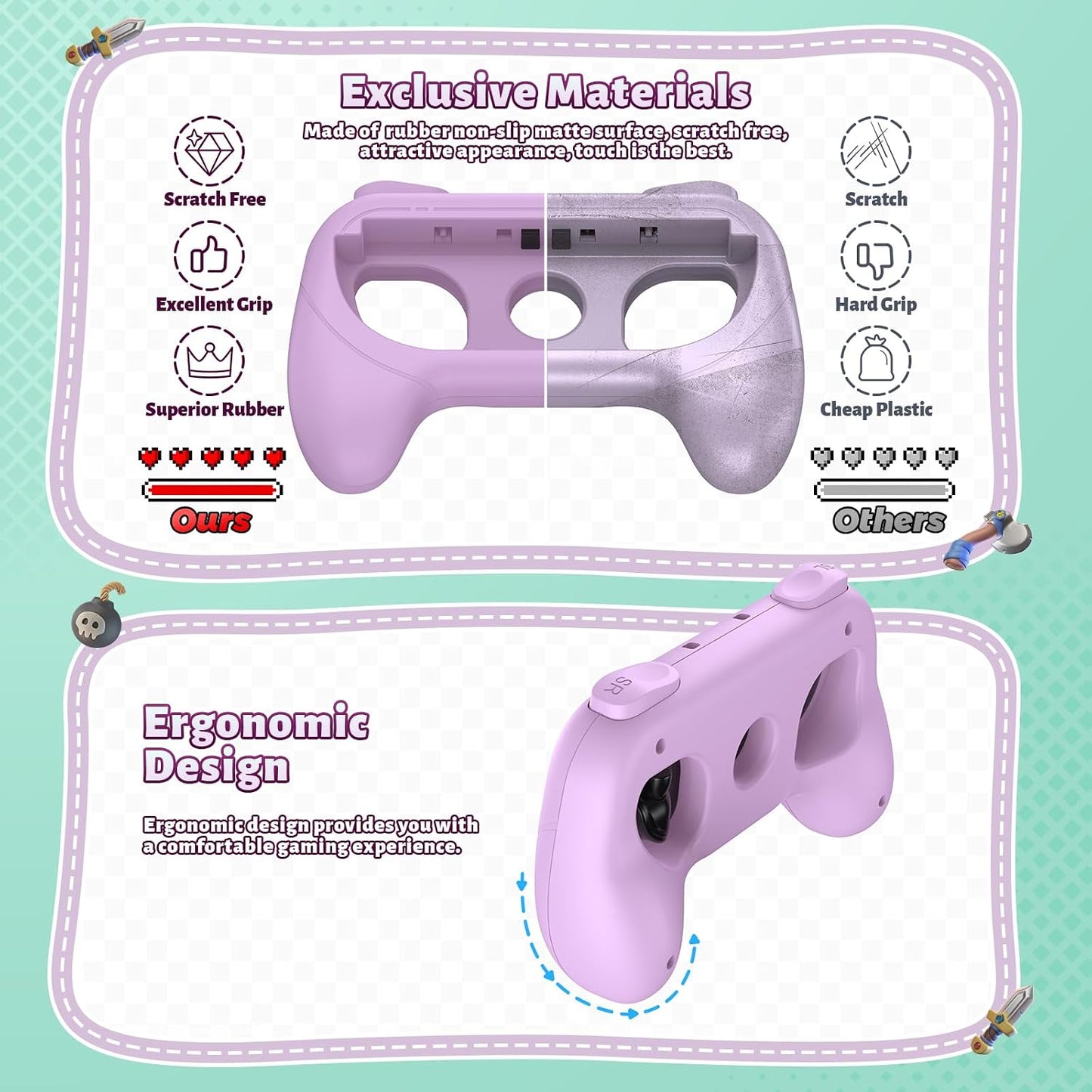 [Switch 1/2 Compatible] FASTSNAIL Handle Grips for Nintendo Switch Joy-Con 2(2025) /1/OLED, Accessories for NS2/1 (Light Purple, Light Green)