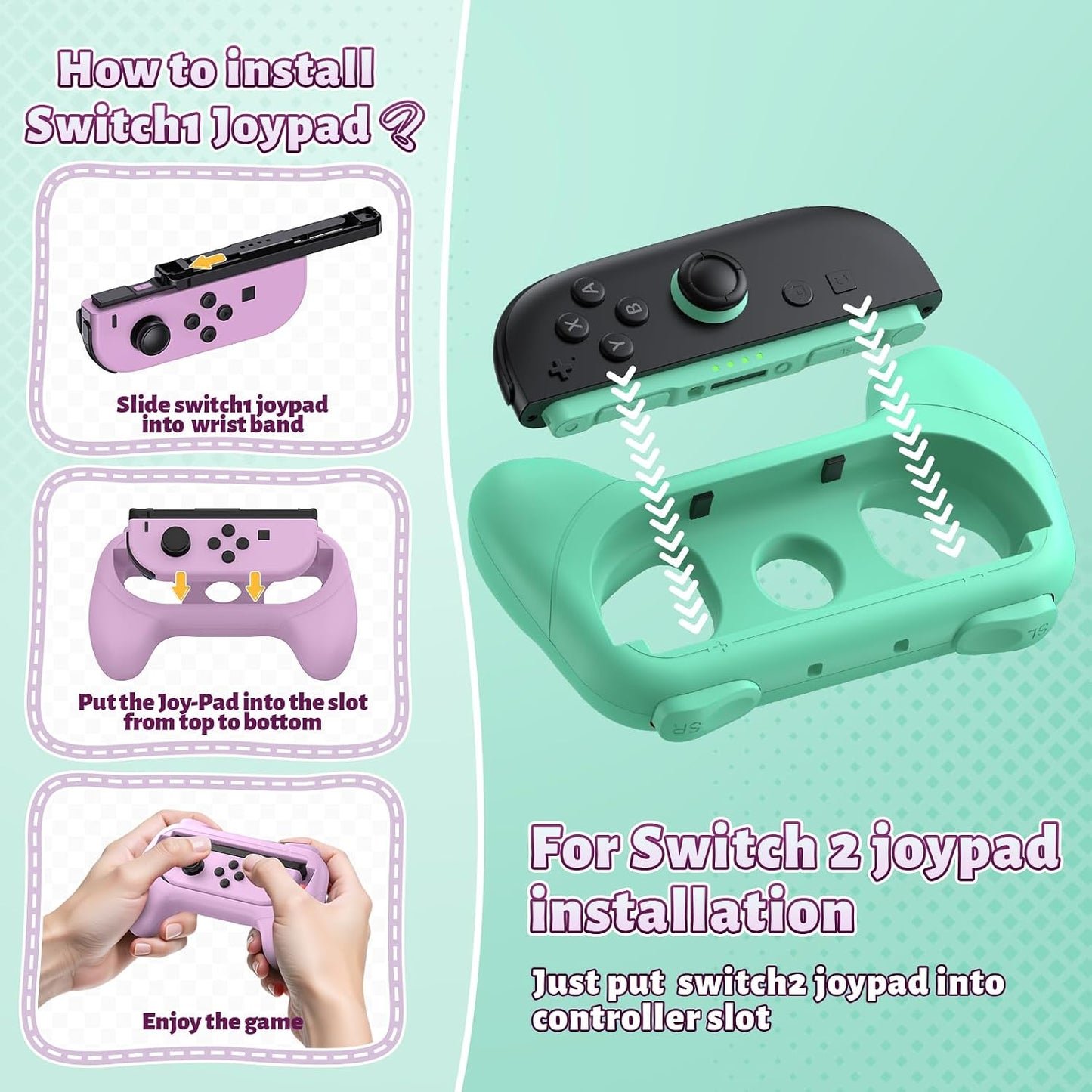 [Switch 1/2 Compatible] FASTSNAIL Handle Grips for Nintendo Switch Joy-Con 2(2025) /1/OLED, Accessories for NS2/1 (Light Purple, Light Green)