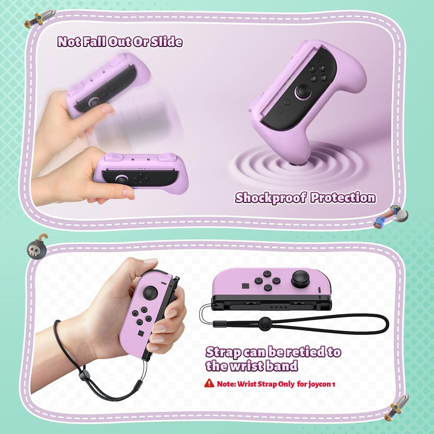 [Switch 1/2 Compatible] FASTSNAIL Handle Grips for Nintendo Switch Joy-Con 2(2025) /1/OLED, Accessories for NS2/1 (Light Purple, Light Green)