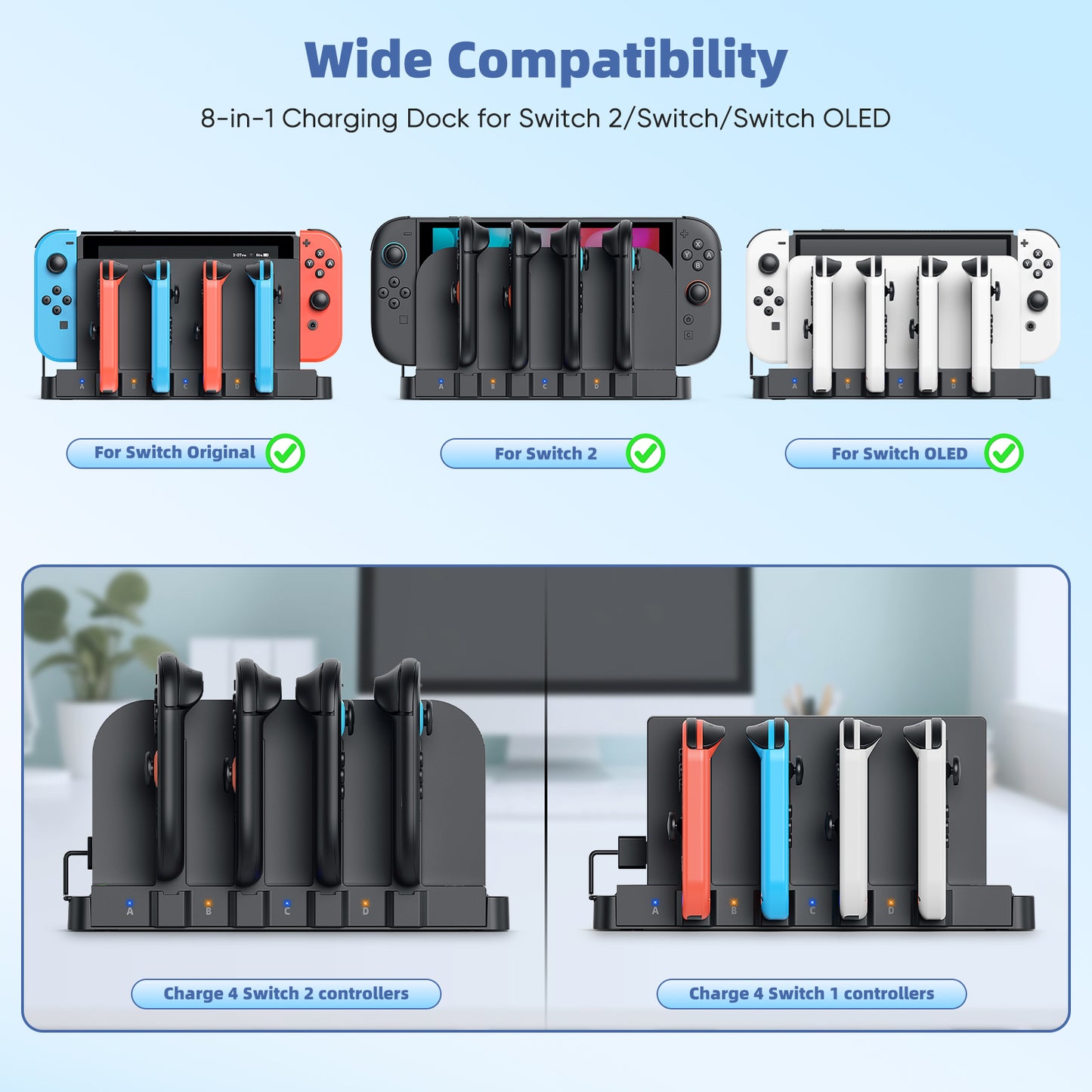 [Switch 1/2 Compatible] FASTSNAIL 9-in-1 Controller Charger for Nintendo Switch 2 2025 & Original & OLED Controller, Fast Charging Dock for Switch 2 Joycon Accessories