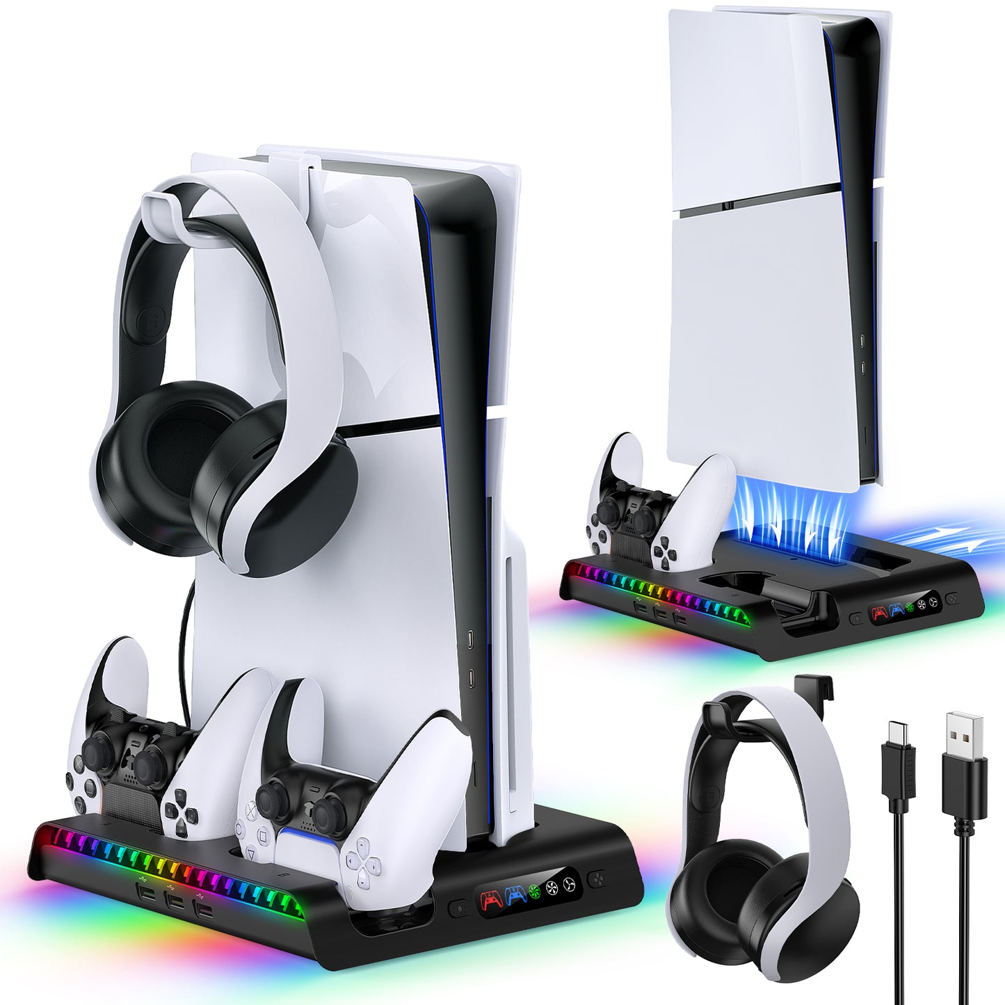 Charging Stand with Cooling Fan Only for PS5 Slim Console, Dual Controller Charger Station with 9 RGB Lights & Headset Hook & 3-Level Silent Fan, Cooler Accessories for PS5 Slim Digital/Disc