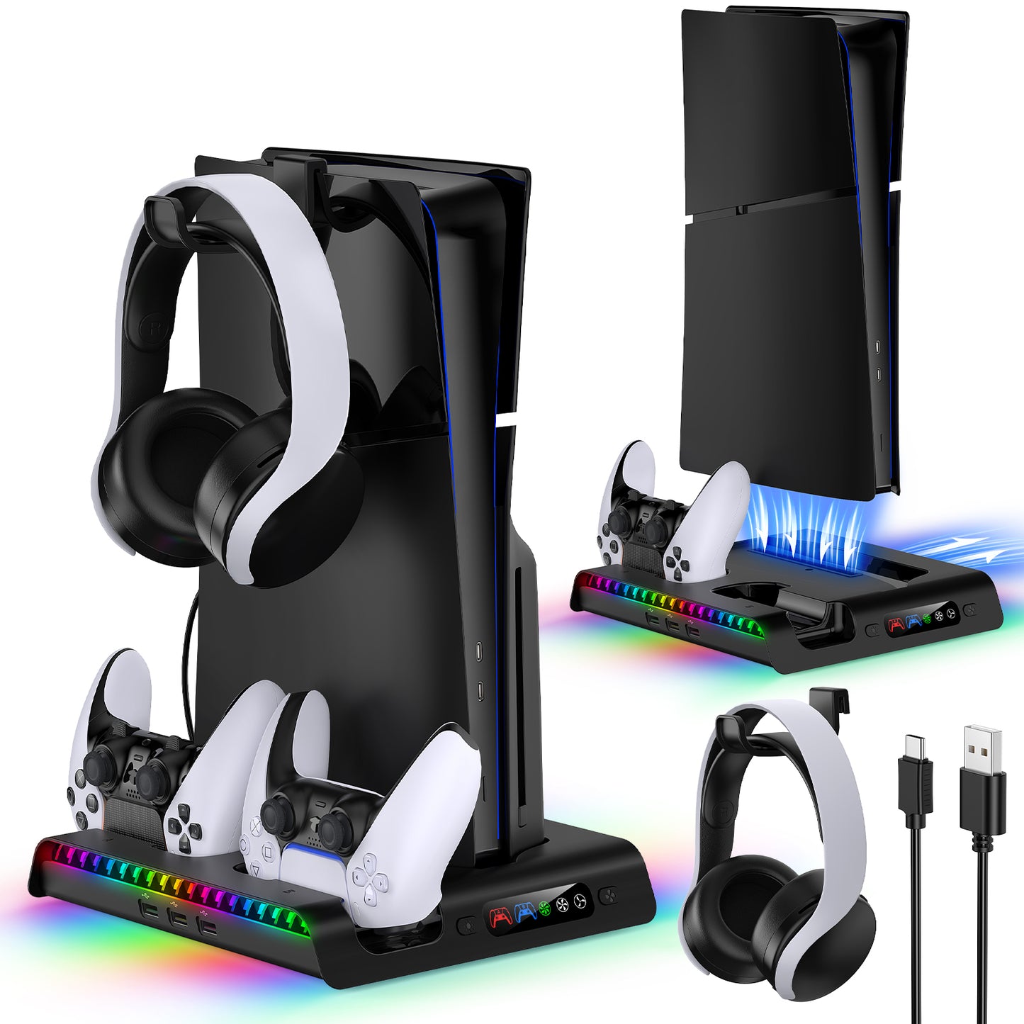 Charging Stand with Cooling Fan Only for PS5 Slim Console, Dual Controller Charger Station with 9 RGB Lights & Headset Hook & 3-Level Silent Fan, Cooler Accessories for PS5 Slim Digital/Disc