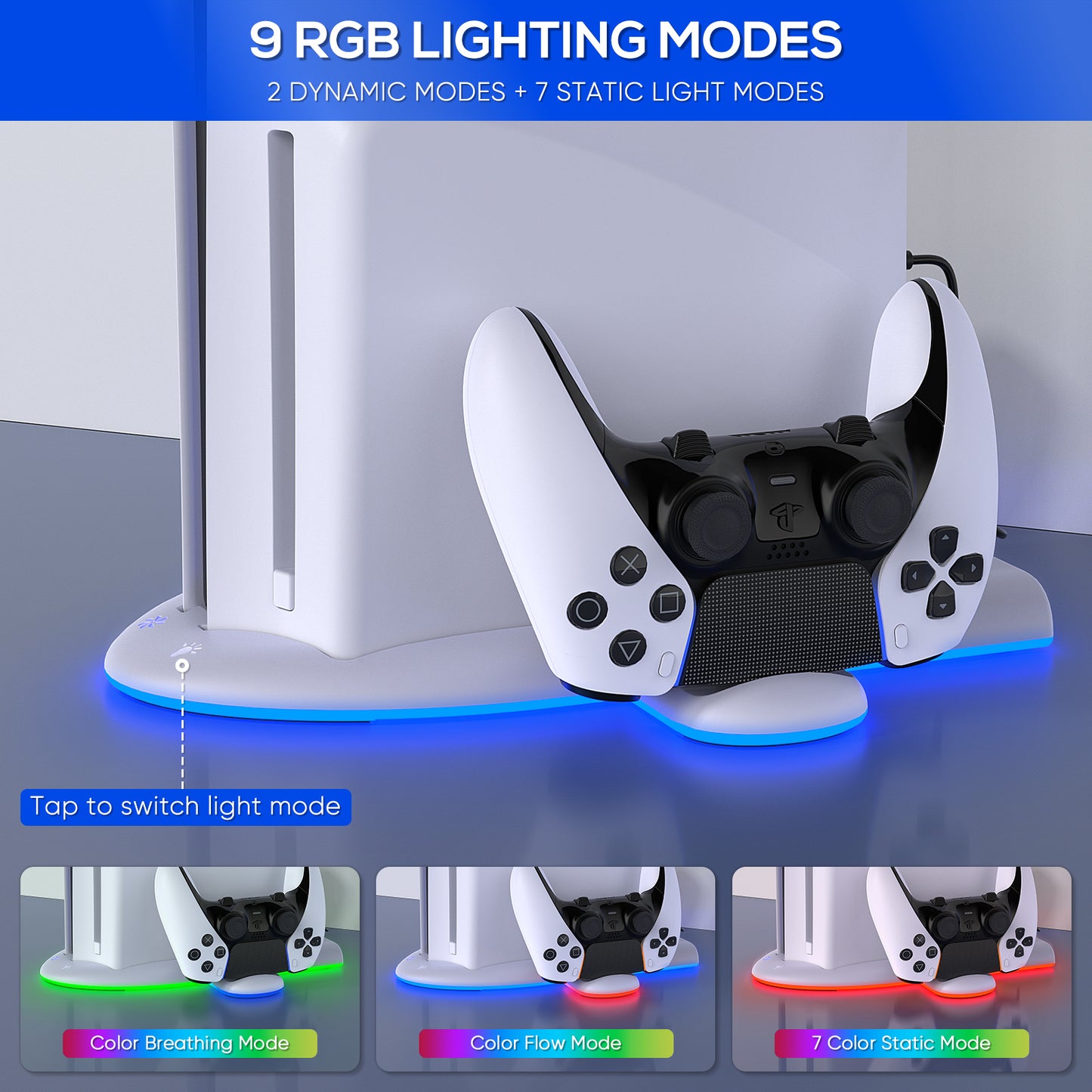 Charging Stand with Cooling Fan Only for PS5 Slim Console, Dual Controller Charger Station with 9 RGB Light for DualSense/Edge, Quiet Cooling System Accessories for PS5 Slim Digital/Disc