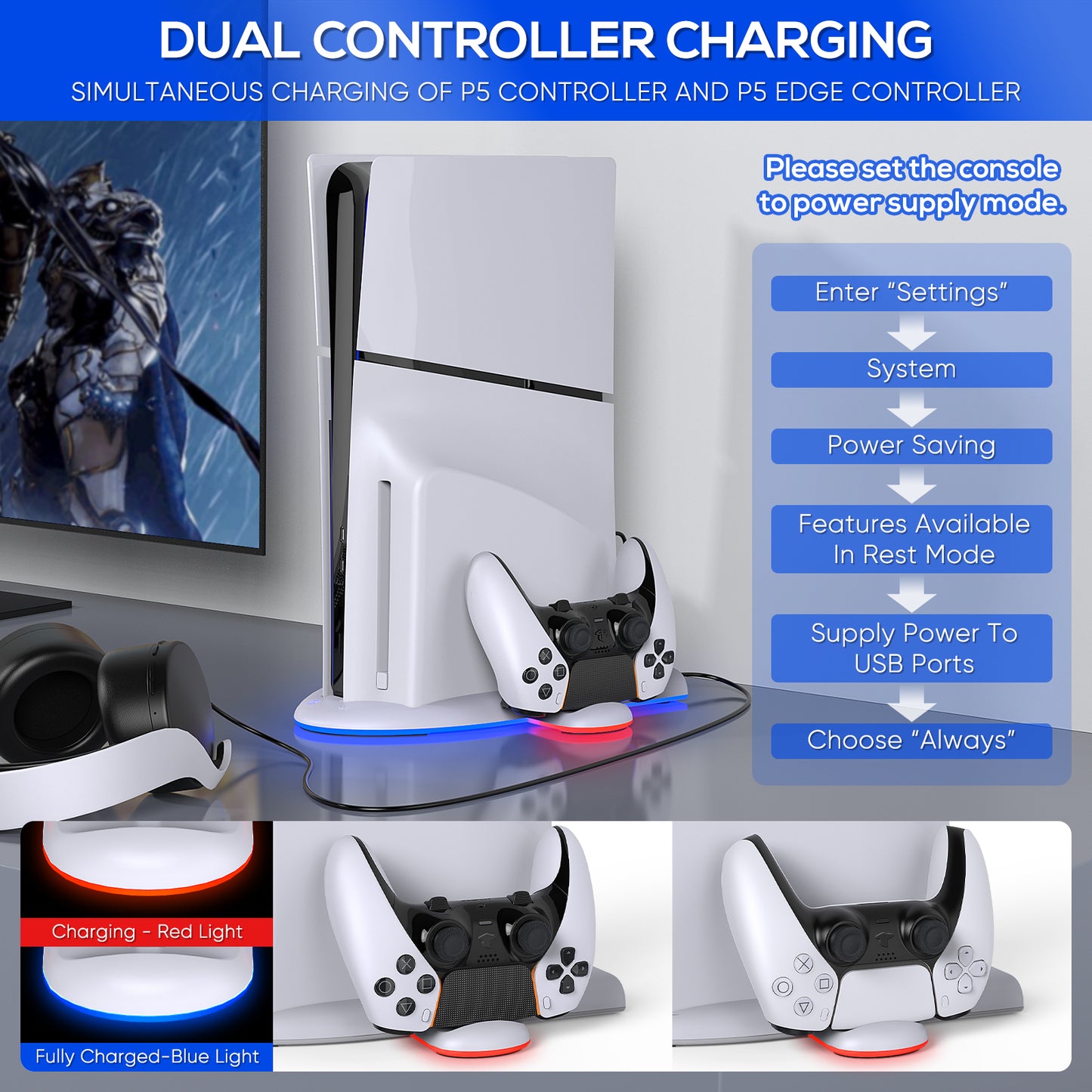 Charging Stand with Cooling Fan Only for PS5 Slim Console, Dual Controller Charger Station with 9 RGB Light for DualSense/Edge, Quiet Cooling System Accessories for PS5 Slim Digital/Disc