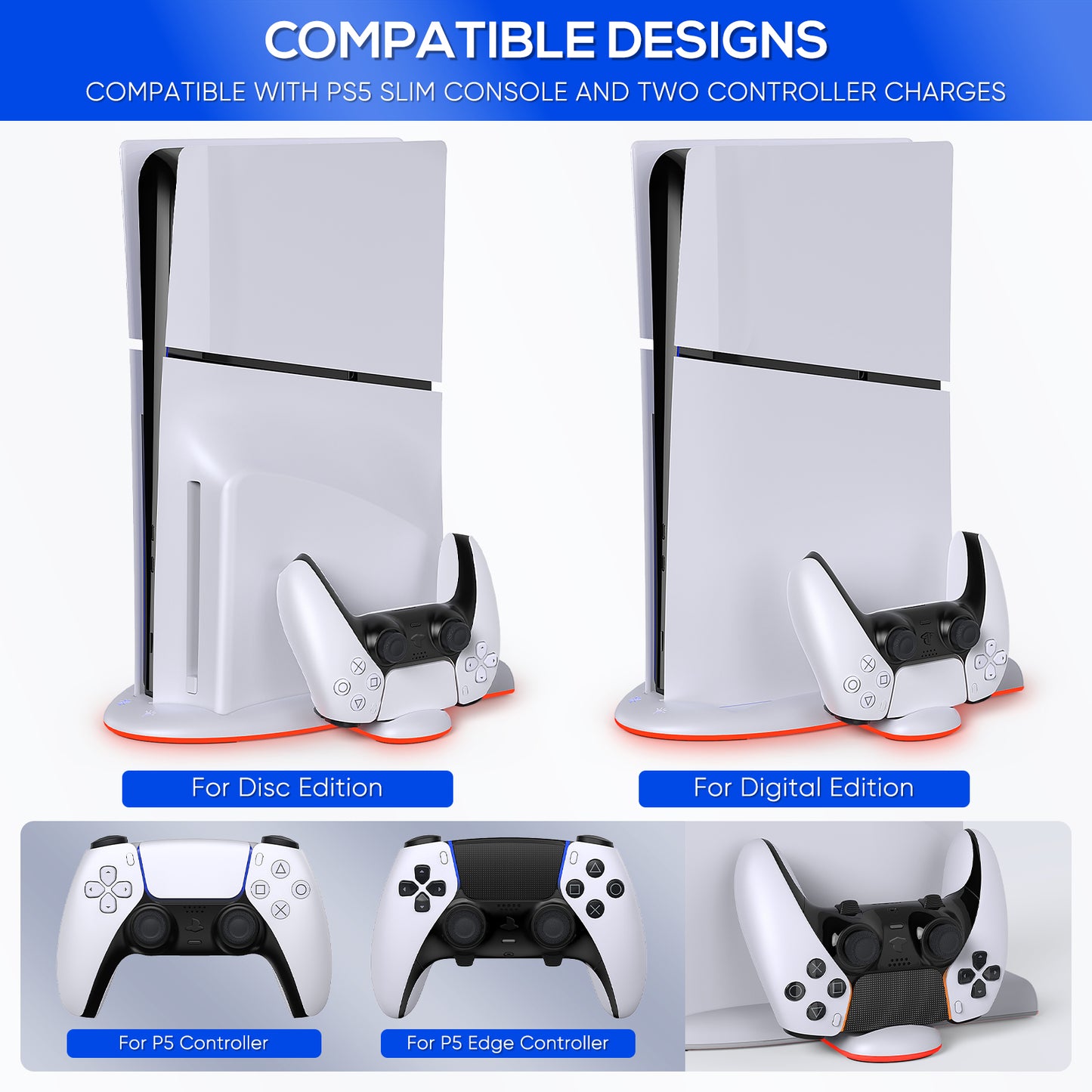 Charging Stand with Cooling Fan Only for PS5 Slim Console, Dual Controller Charger Station with 9 RGB Light for DualSense/Edge, Quiet Cooling System Accessories for PS5 Slim Digital/Disc